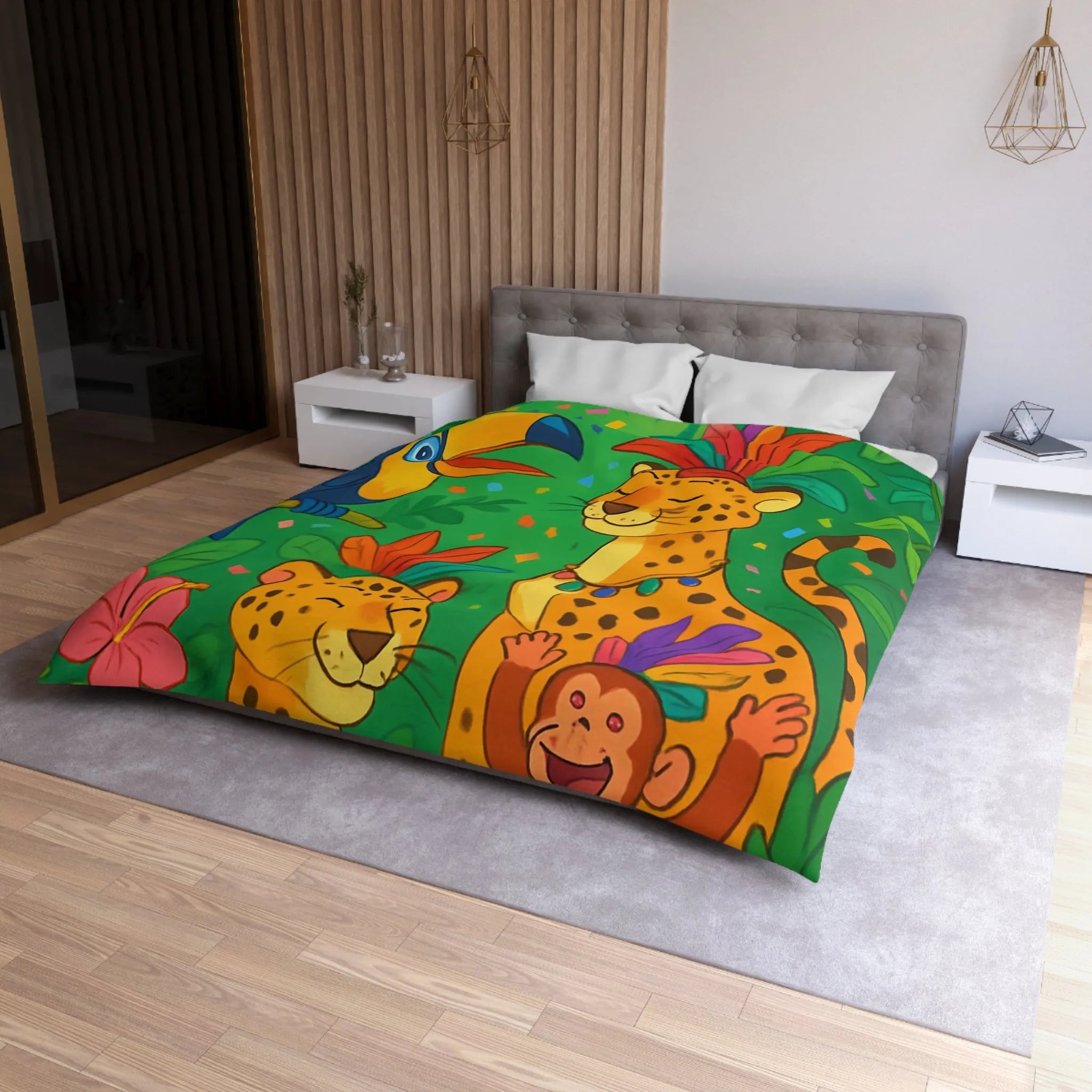 Housse de couette colorée avec animaux exotiques, motif jungle joyeux pour chambre enfant
