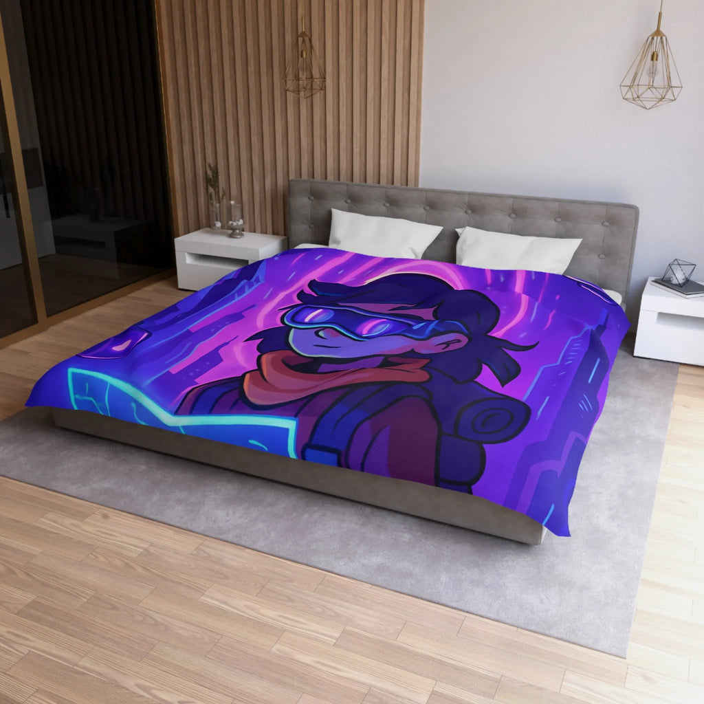 Housse de couette bleue violette style futuriste avec personnage et carte néon