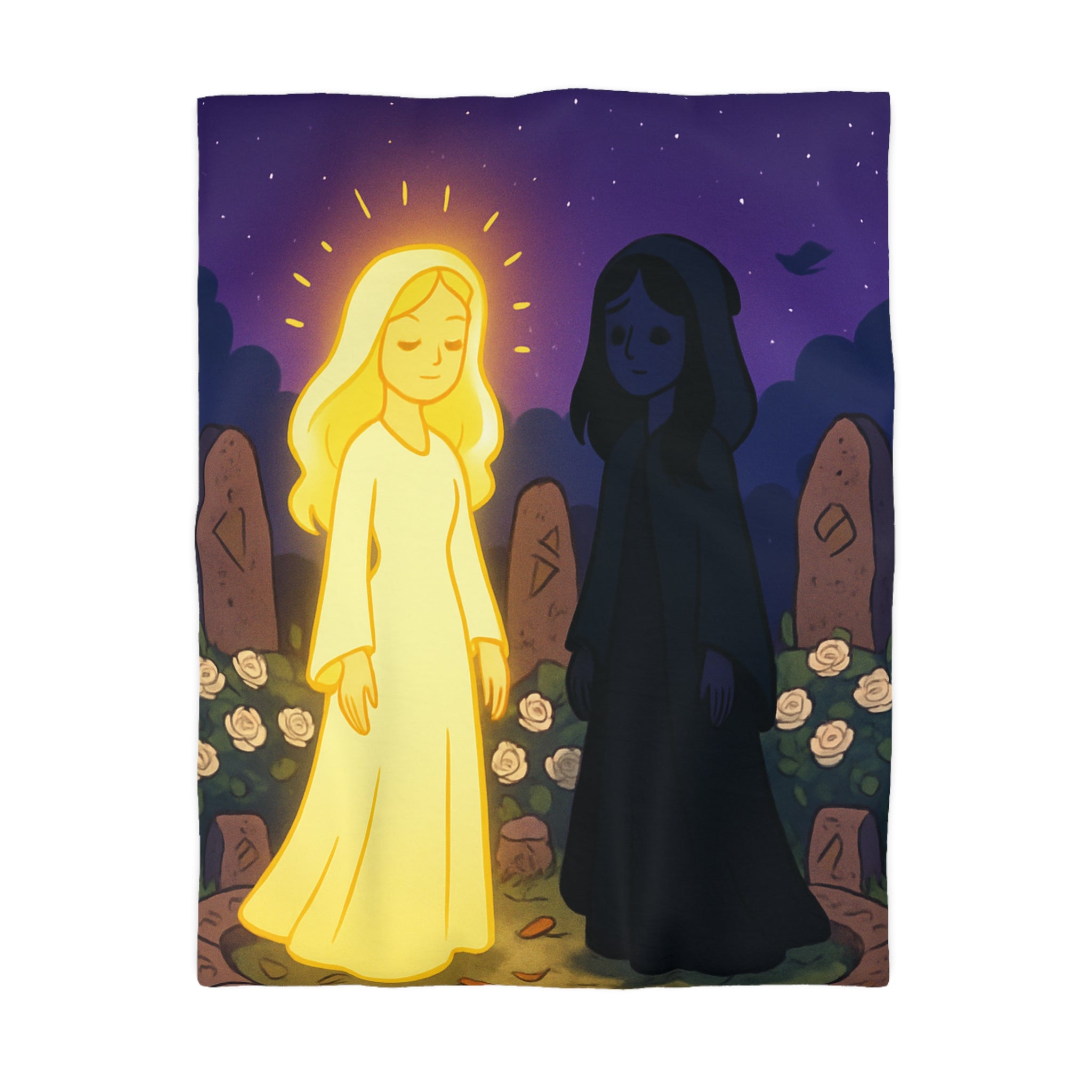 Housse de couette réversible avec deux figures mystérieuses en contraste lumineux, nature étoilée