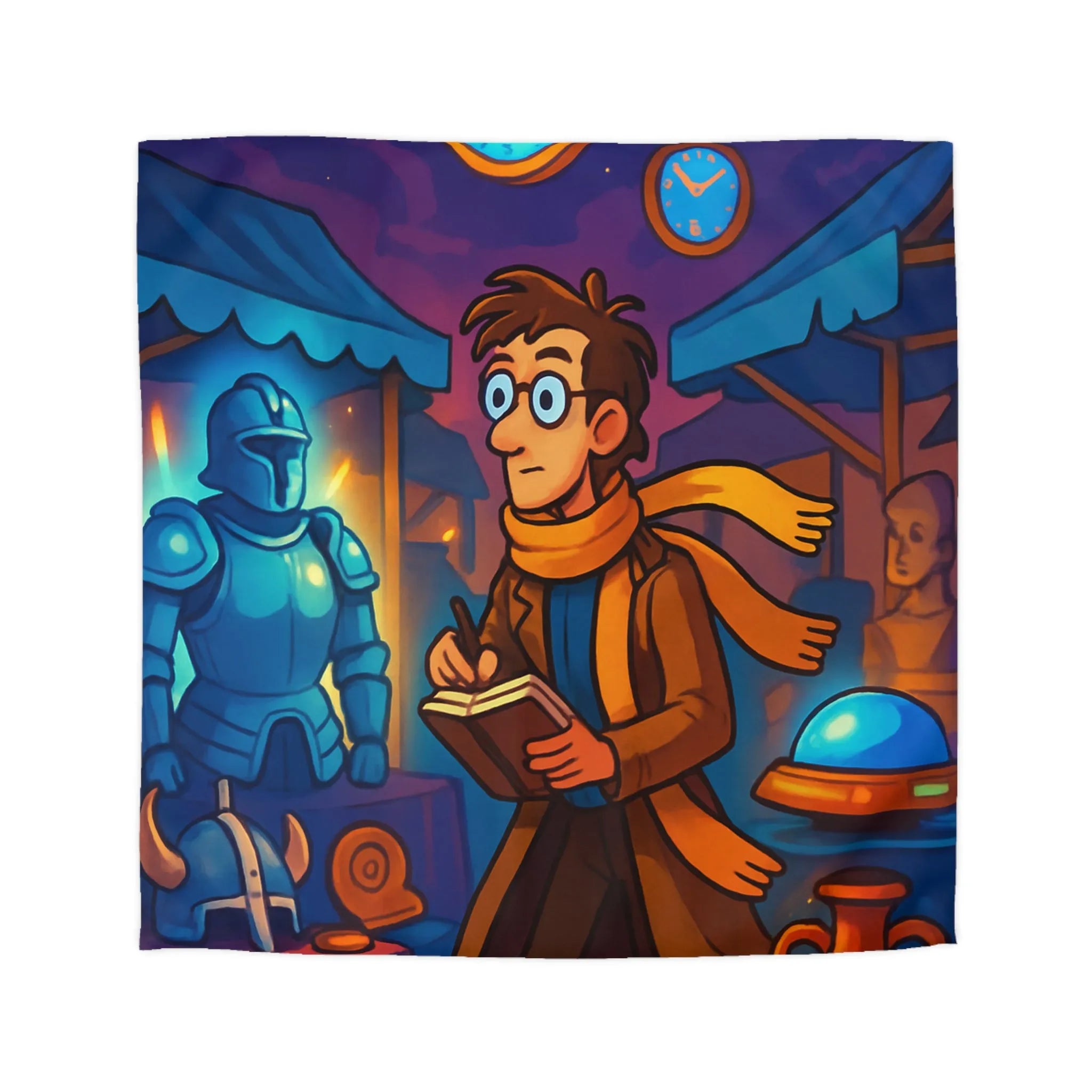 Housse de couette avec motif de marché nocturne mystérieux et horloges suspendues