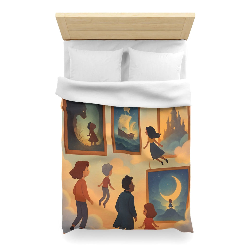 Housse de couette avec enfants volant parmi des tableaux de contes et de rêves