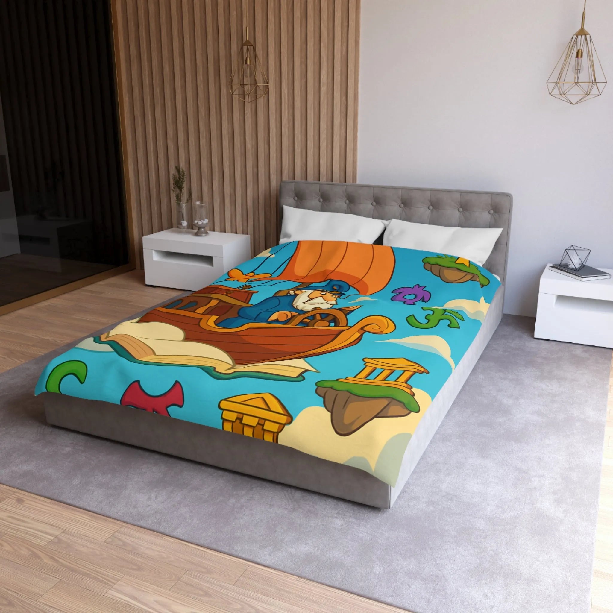 Housse de Couette Aventure Marin : Bateau Volant, Symboles Mystiques, Îles Flottantes