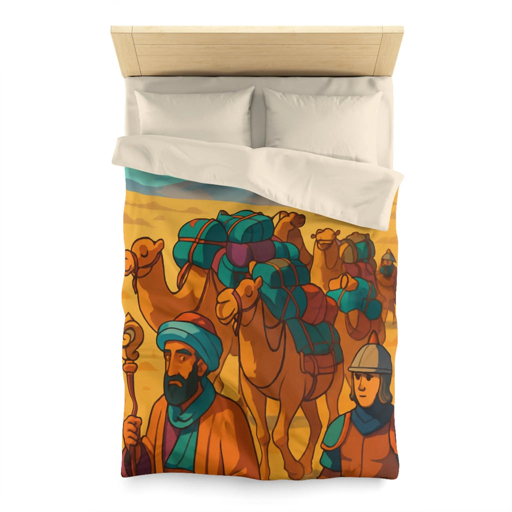 Housse de couette avec caravane de chameaux traversant un désert montagneux en arrière-plan