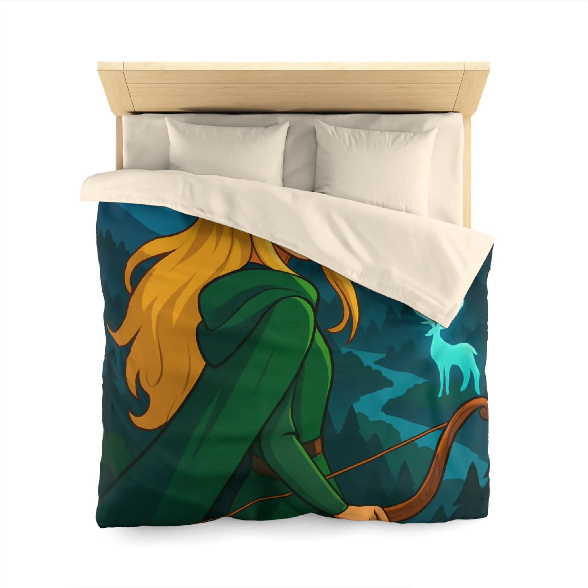 Housse de couette avec elfe archère, cerf lumineux, forêt montagneuse et ciel étoilé