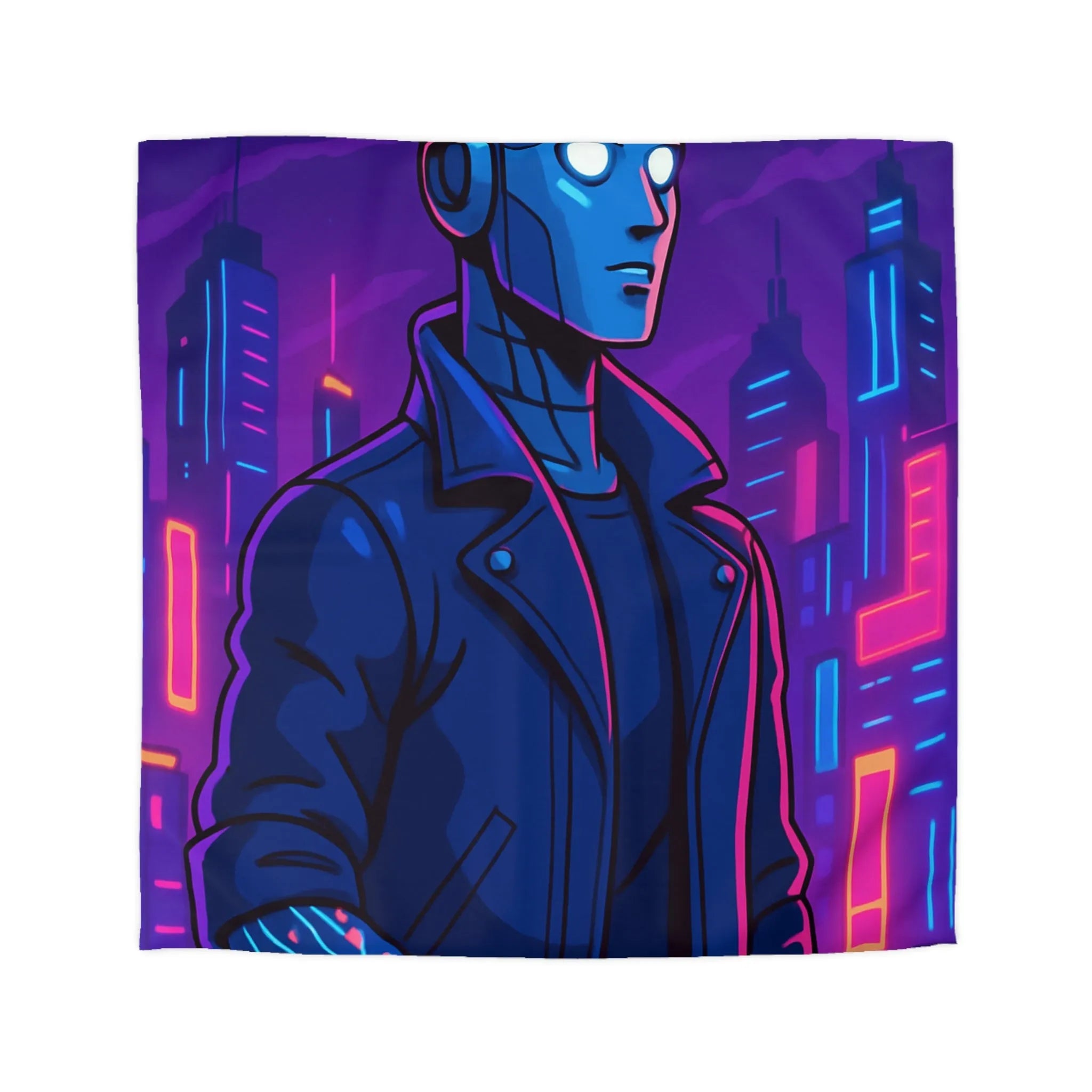 Housse de couette bleu nuit motif rétro-futuriste avec robot et gratte-ciel néon