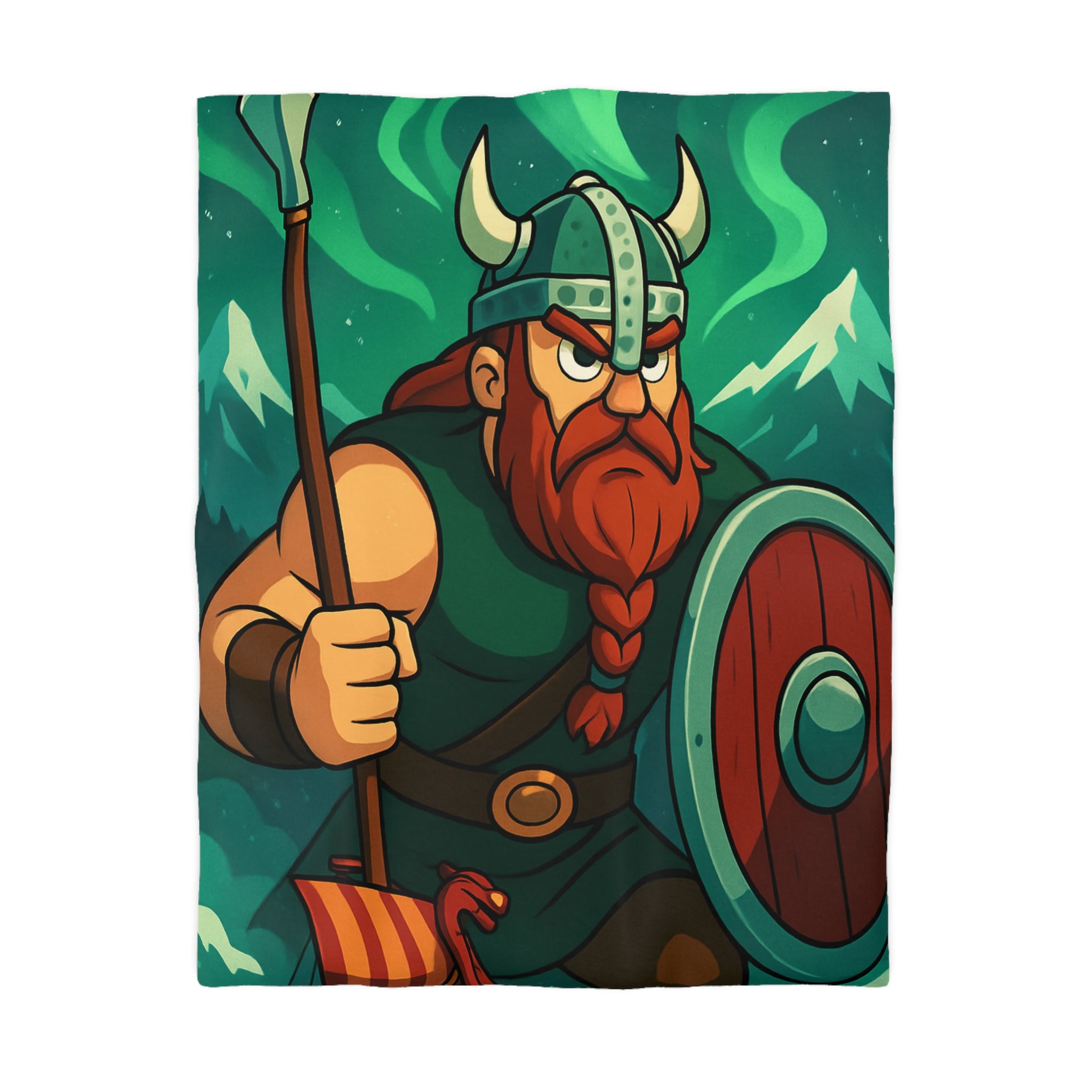 Housse de Couette Viking Illustration avec Guerrier Nordique, Montagne et Aurore Boréale