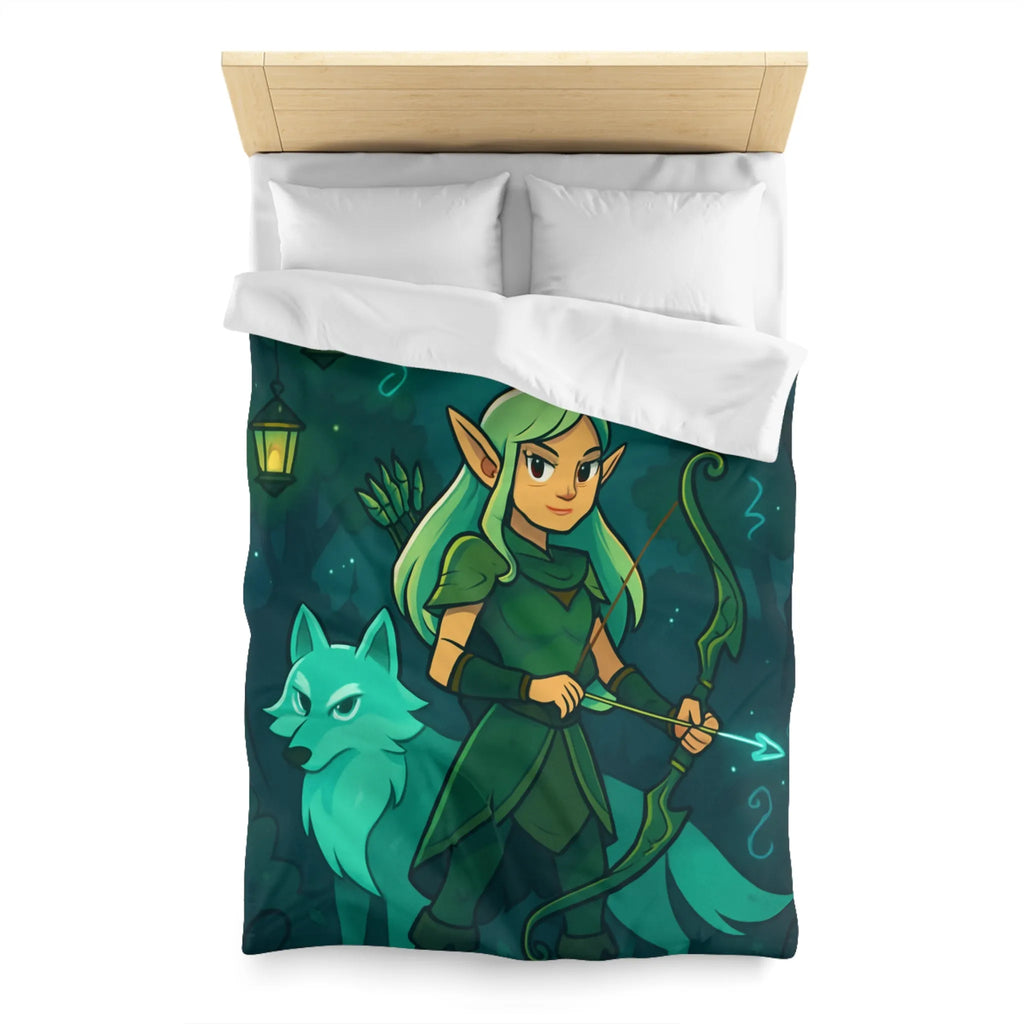 Housse de couette elfe archère et loup sous lune magique dans forêt mystérieuse