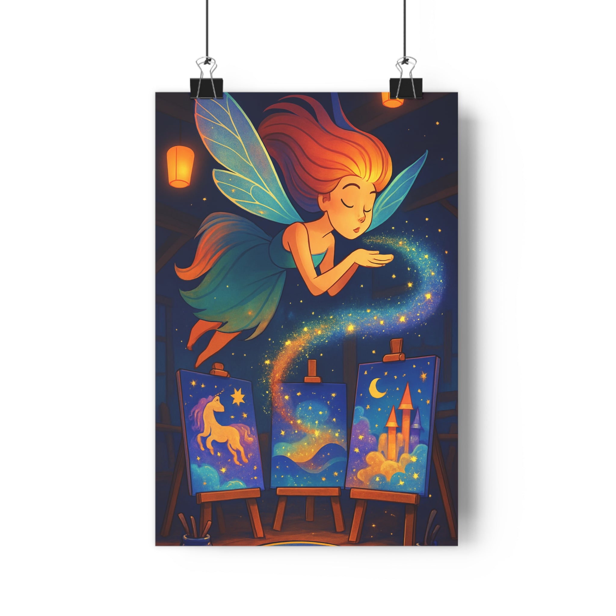 Poster décoratif féerique pastel magique enfant chambre créatif apaisant lumineux céleste licorne château étoilé