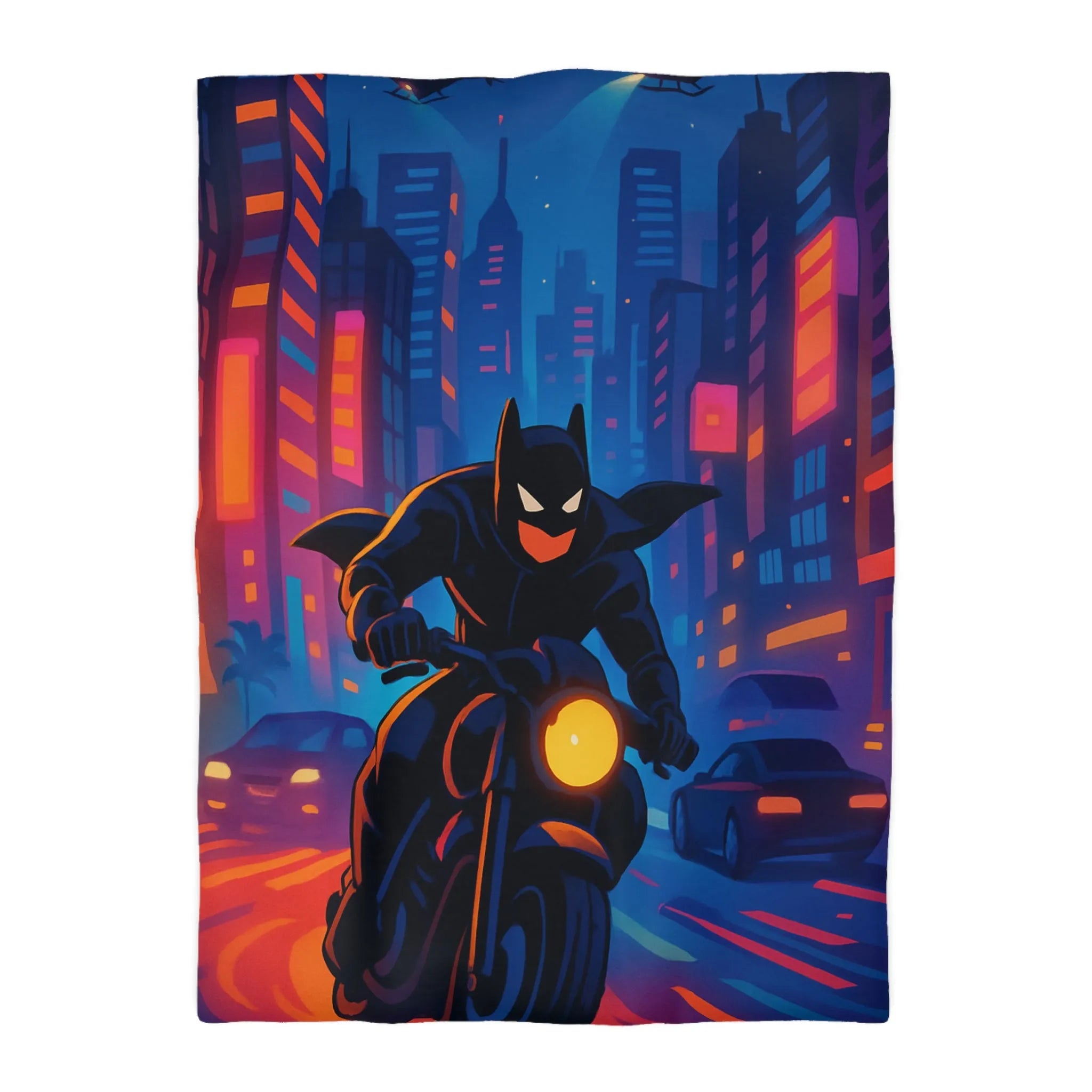 Housse de couette avec super-héros urbain sur moto, ville illuminée et hélicoptères