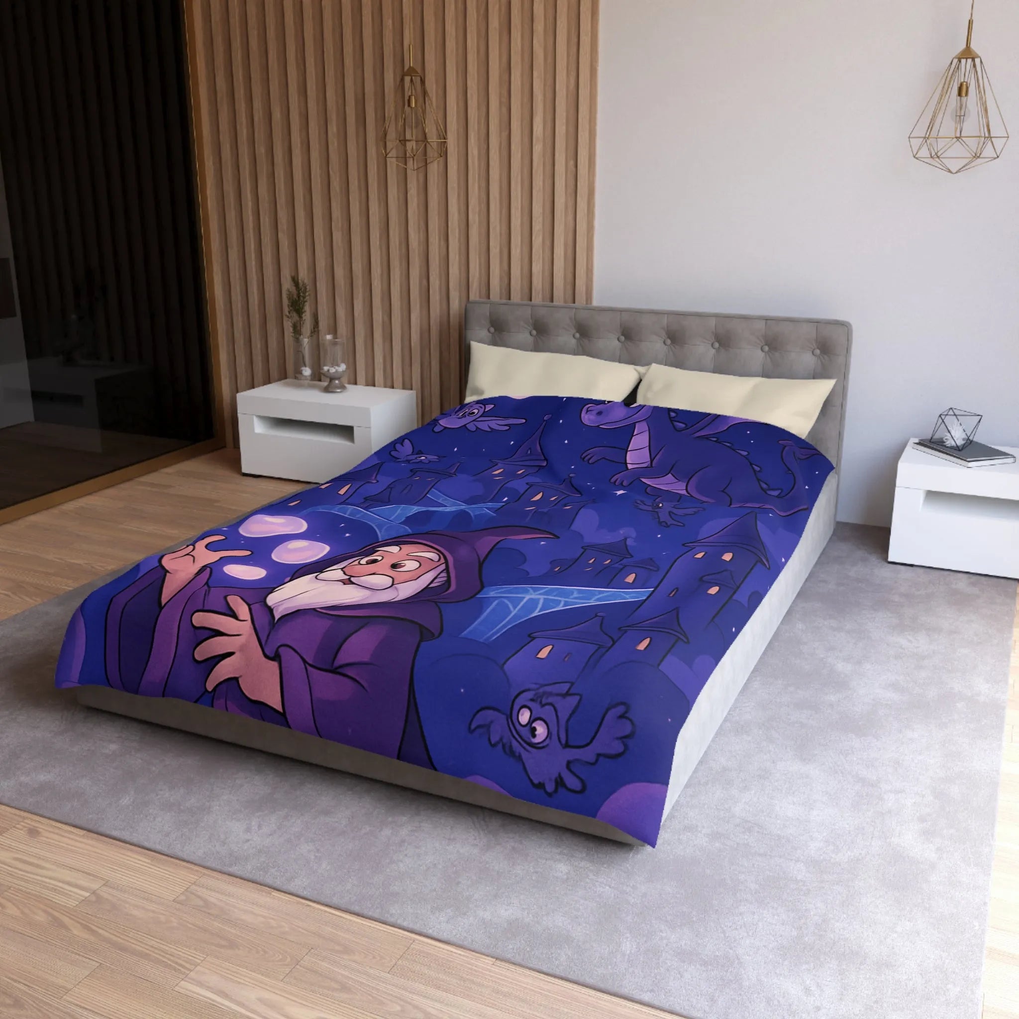 Housse de couette magique avec dragon violet, hiboux et sorcier devant château