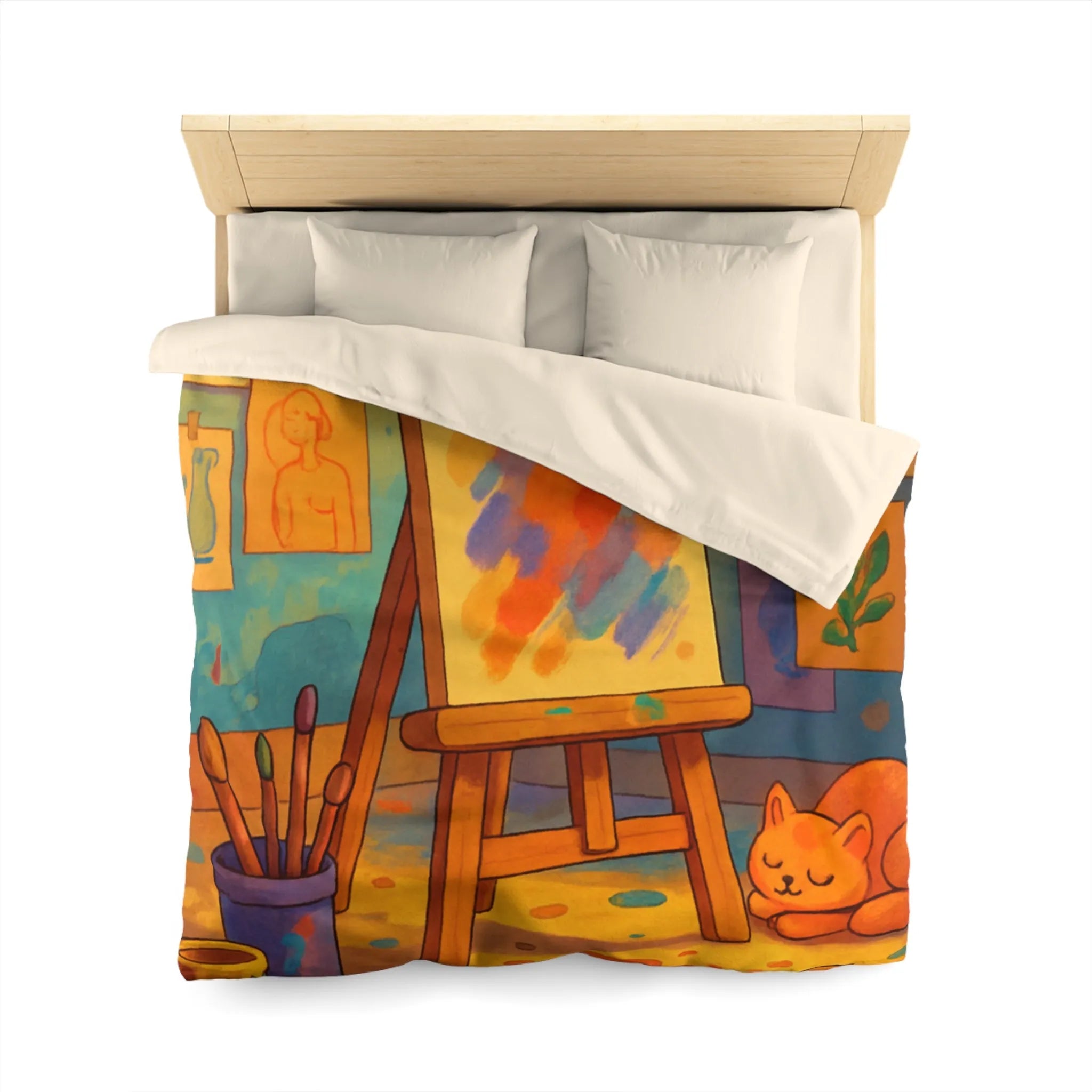 Housse de couette artistique colorée avec chevalet et chat pour une chambre cosy