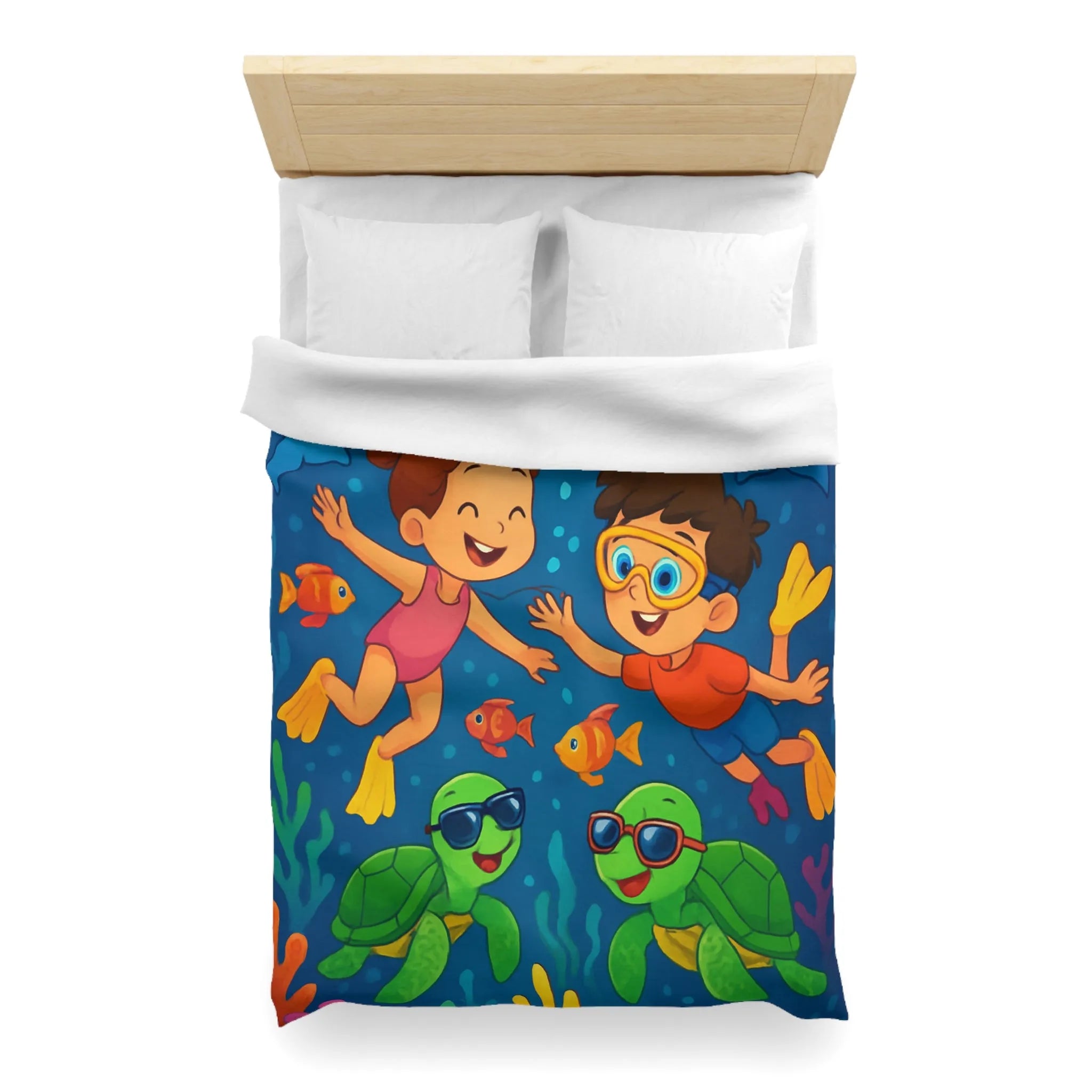 Housse de couette avec enfants nageant joyeusement dans océan vibrant avec animaux marins