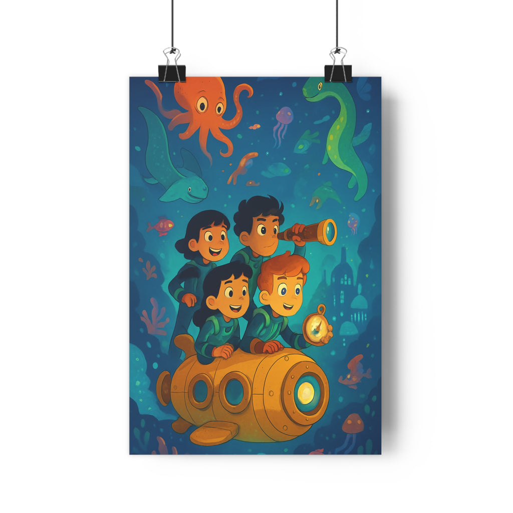 Poster décoratif aventure sousmarin jaune bleu corail enfant créature marine magique océan vibrant chambre
