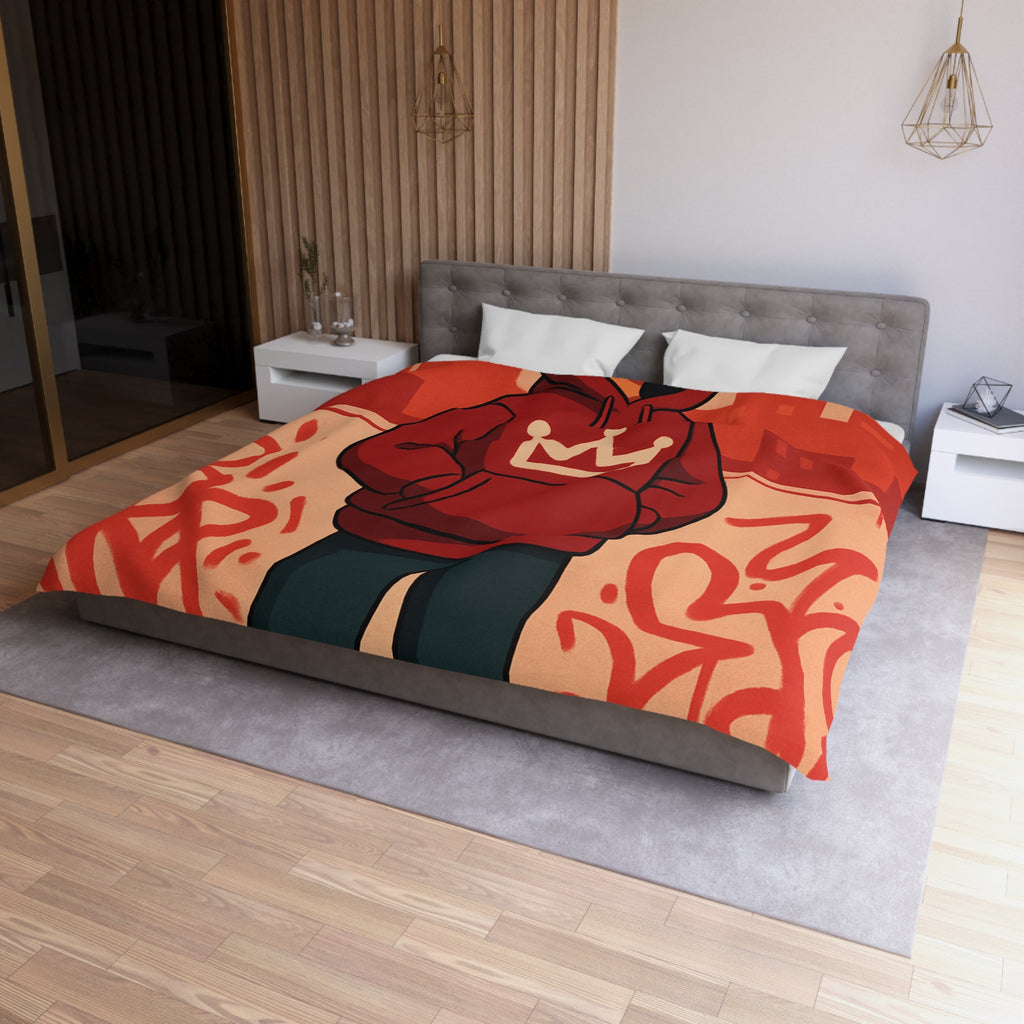 Housse de couette urbaine rouge avec motif couronne et graffiti artistique moderne