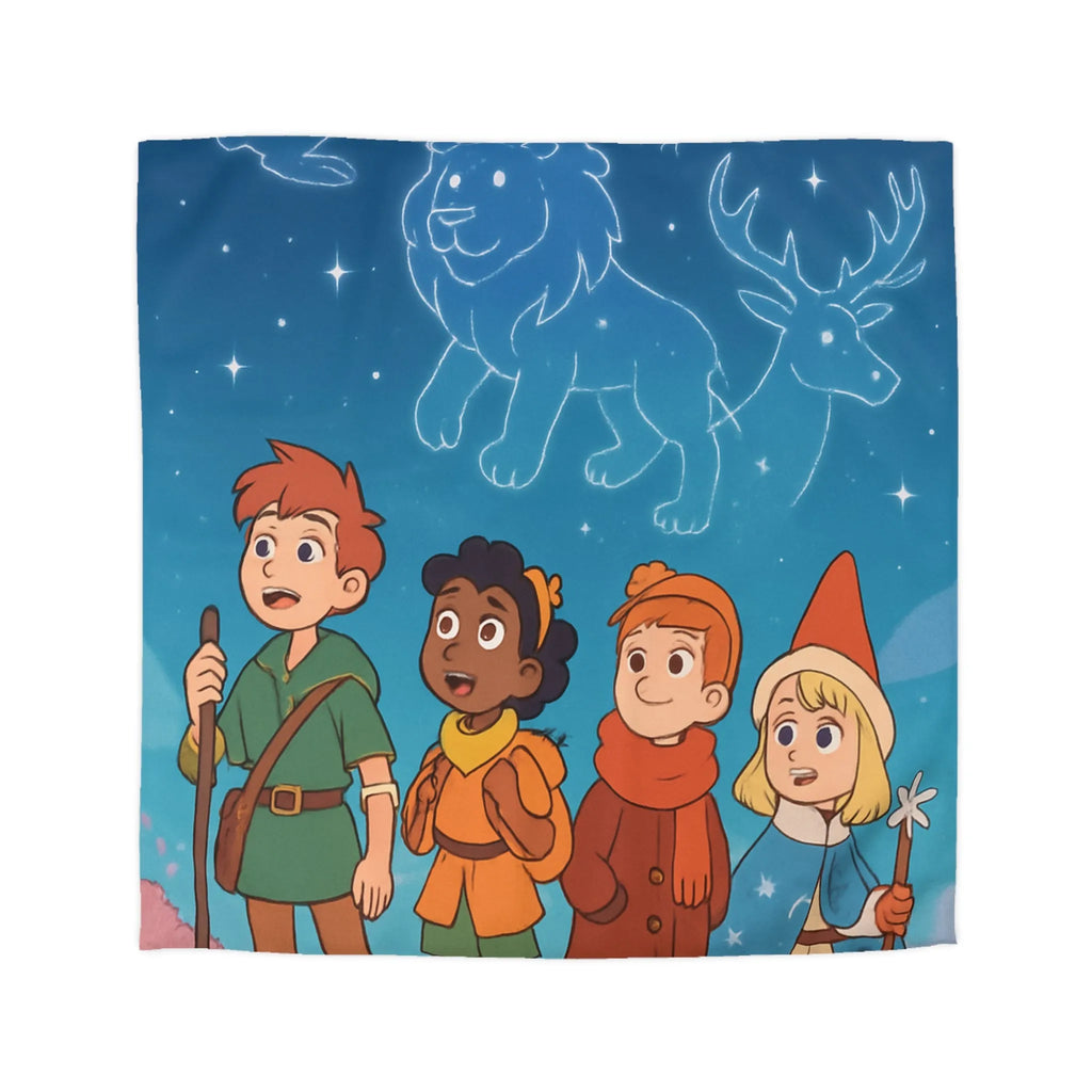 Housse de couette colorée avec enfants aventuriers et constellations nuit étoilée