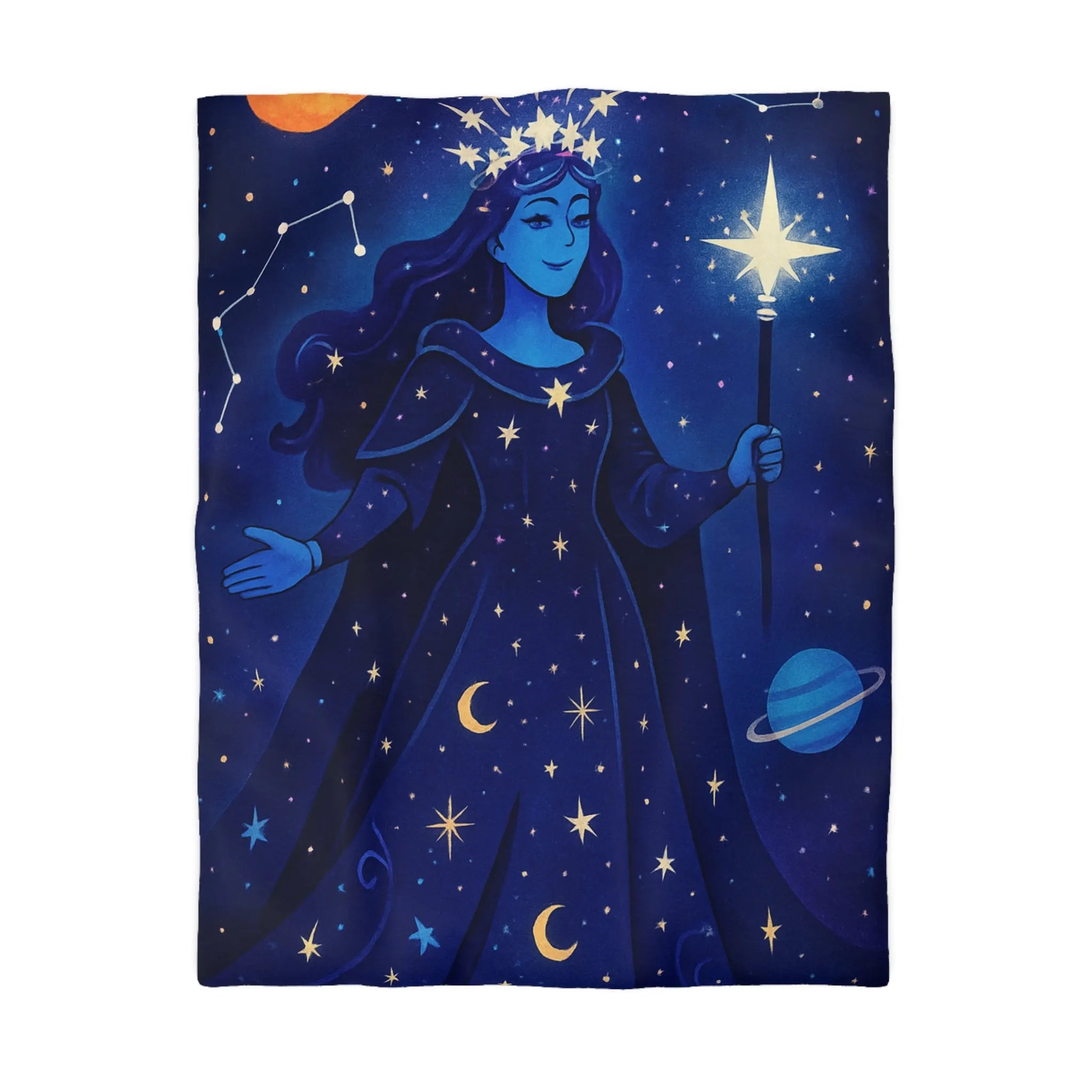 Housse de couette illustration déesse cosmique étoiles lune mystique bleu nuit magique