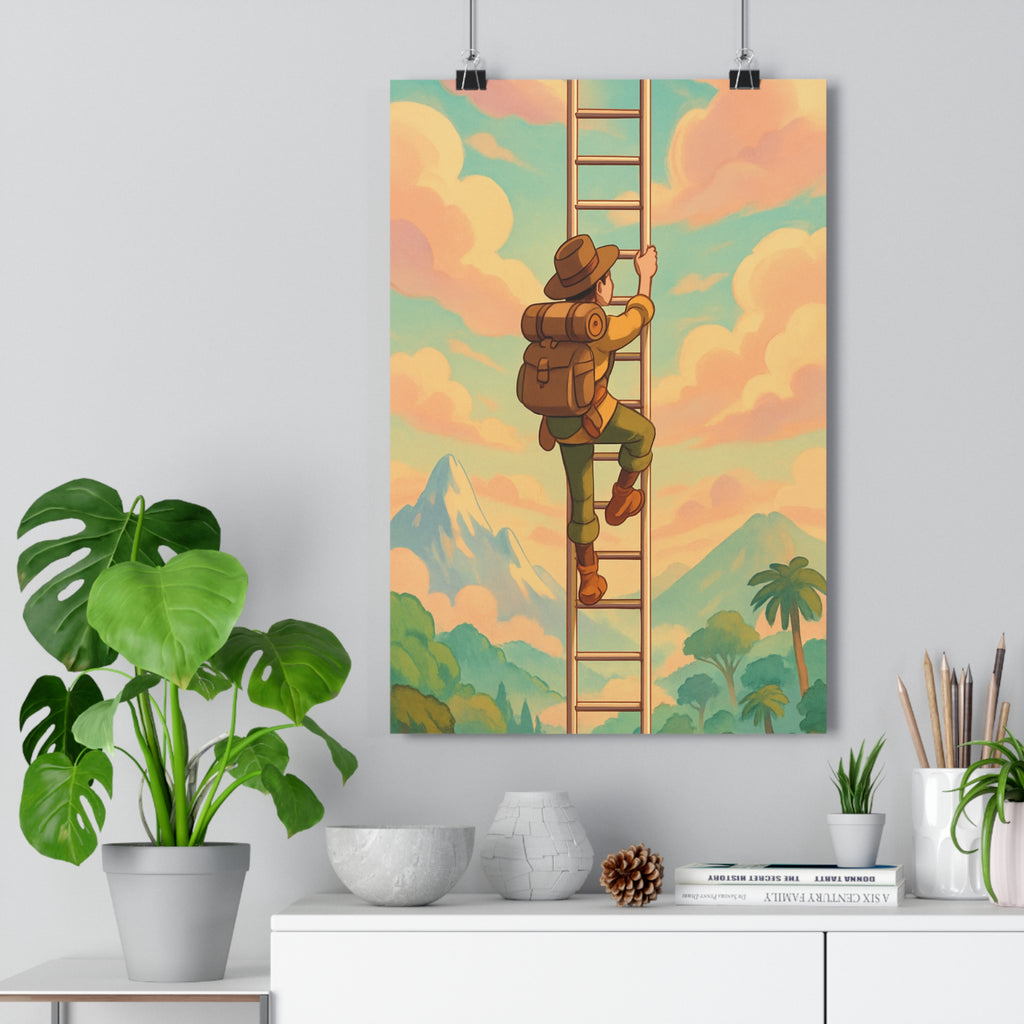 Poster décoratif cartoon pastel rose aventure explorateur échelle infinie bureau chambre 30x46 cm qualité