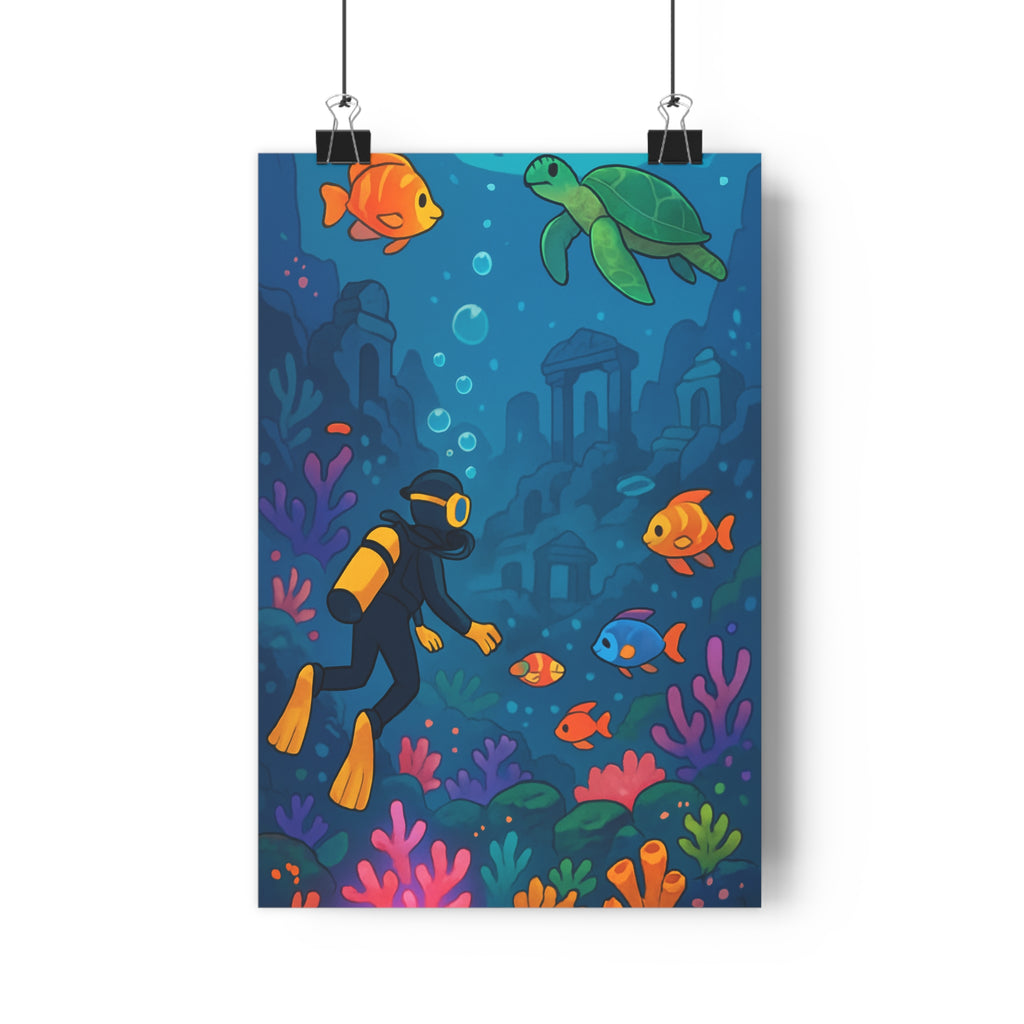 Poster décoratif océan bleu vert cartoon mystique chambre enfant design vibrant moderne captivant tendance