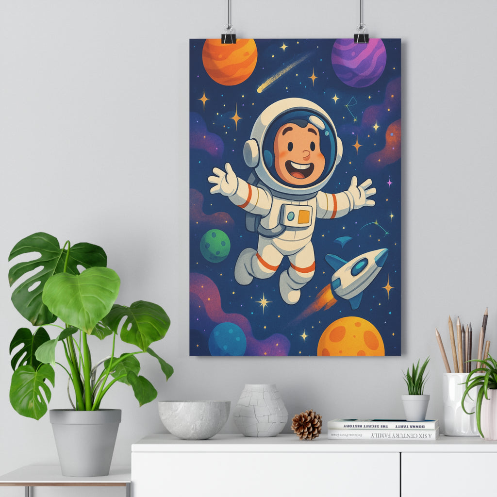 Poster décoratif astronaute espace cartoon bleu rouge planètes joyeux enfant chambre ludique coloré spacieux