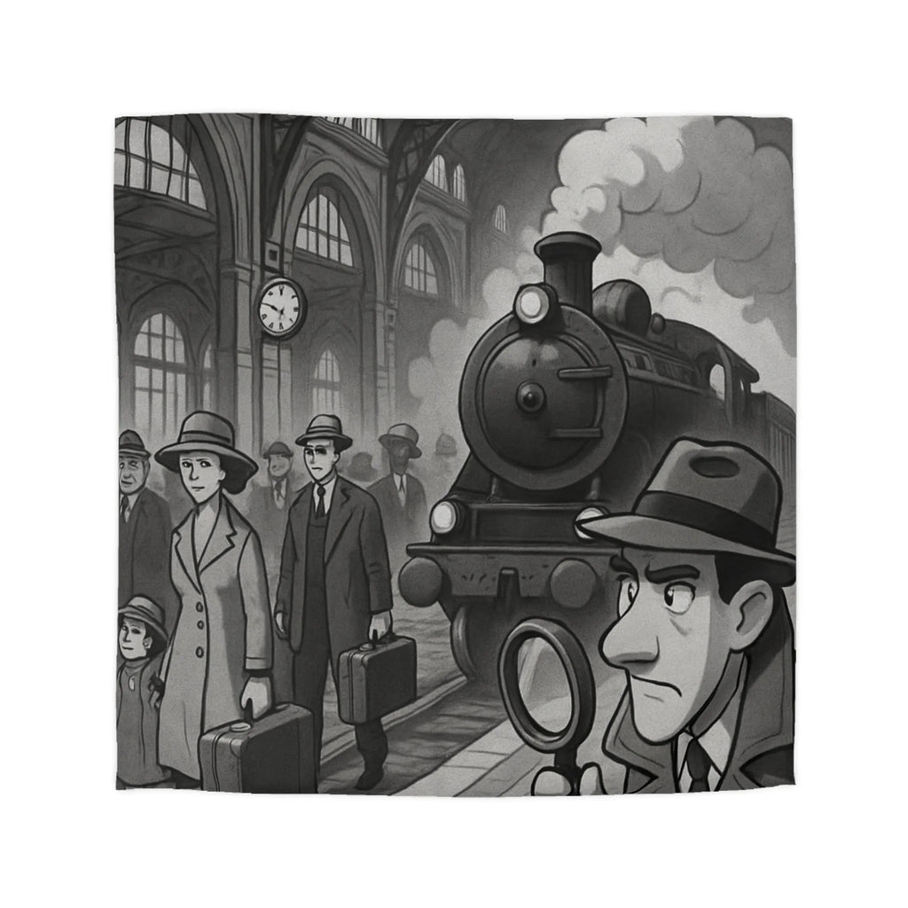 Élégante housse de couette rétro avec train à vapeur et ambiance mystérieuse noir et blanc