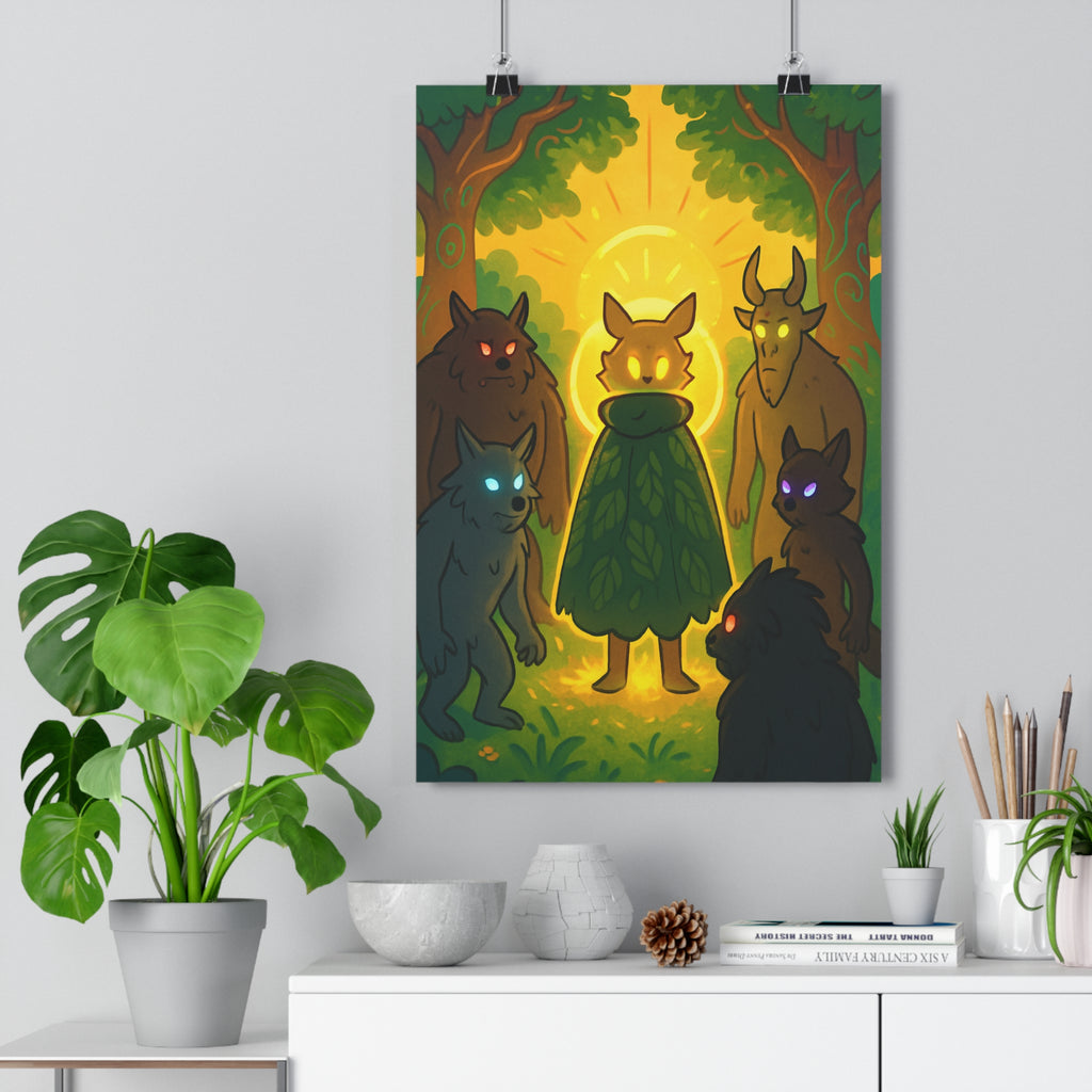 Poster décoratif forêt enchantée aube vert jaune cartoon mystique chambre enfant créatures lumineuses ambiance