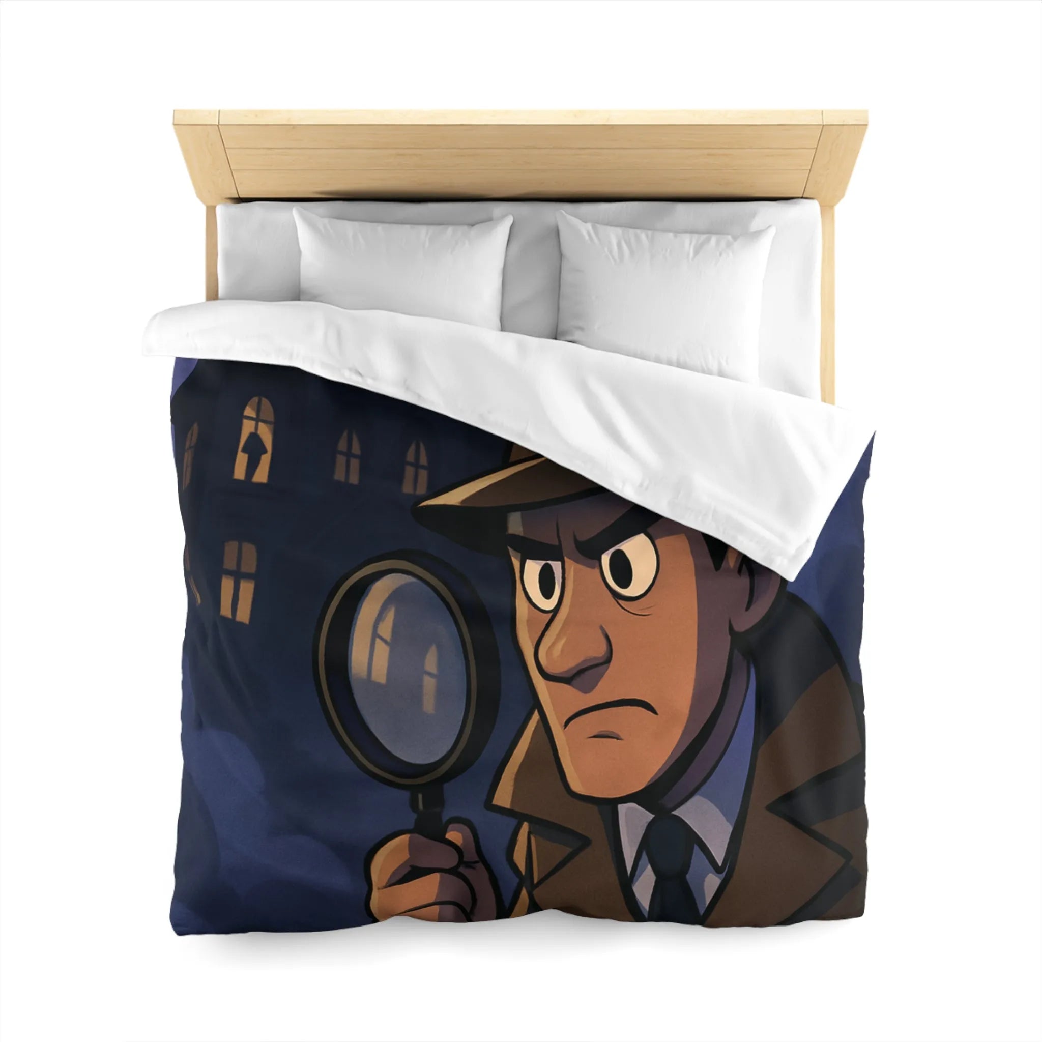 Housse de couette avec détective en enquête devant un manoir hanté mystérieux