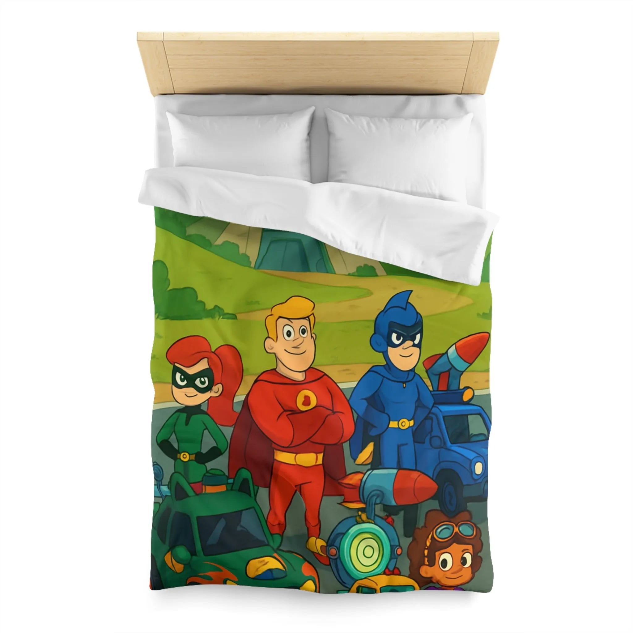 Housse de couette enfant avec super-héros et véhicules colorés dans paysage cartoon vibrant