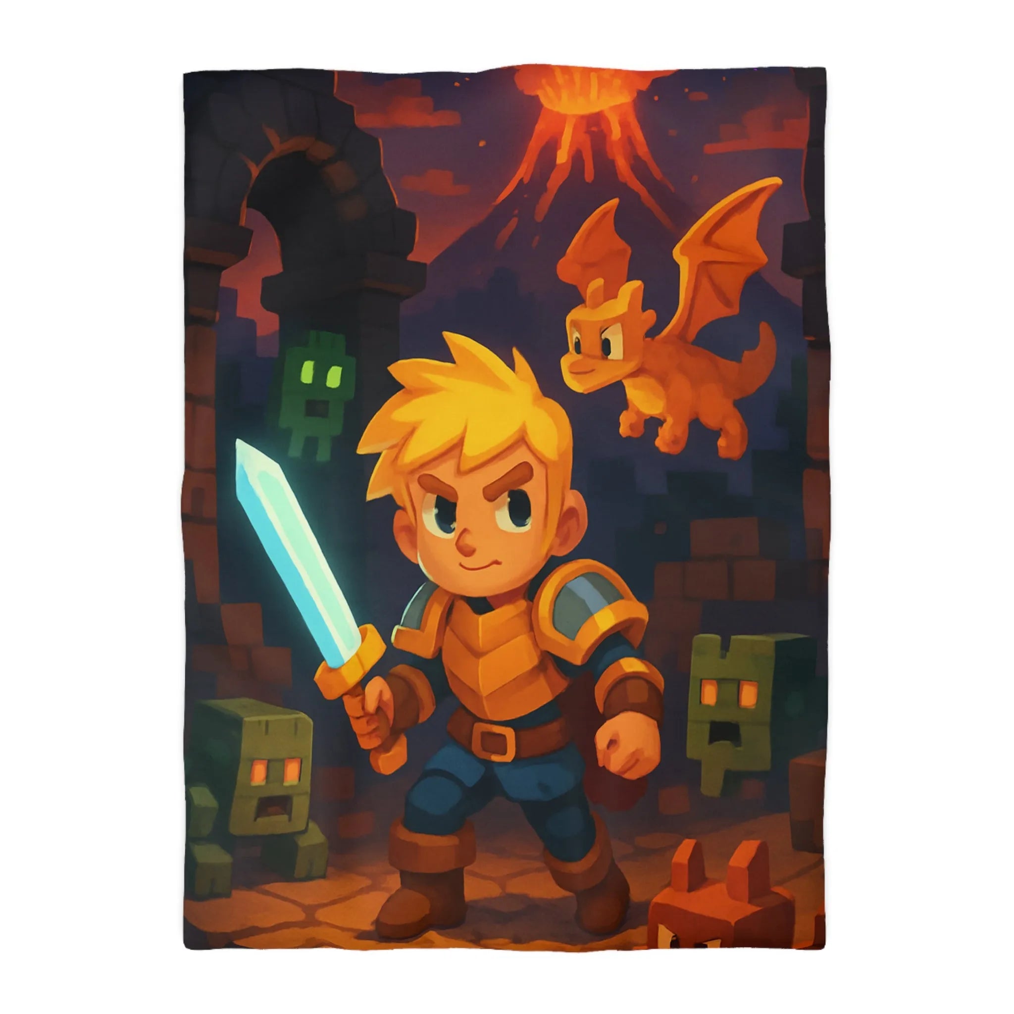 Housse de couette épique avec héros, dragon, volcan en feu et créatures cubiques