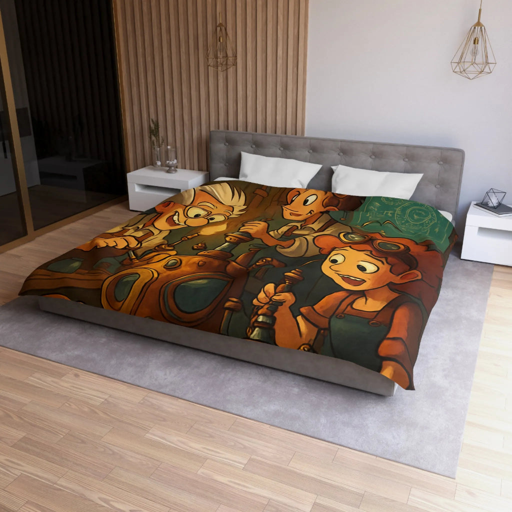 Housse de couette illustrée steampunk avec personnages inventeurs et machines dans atelier