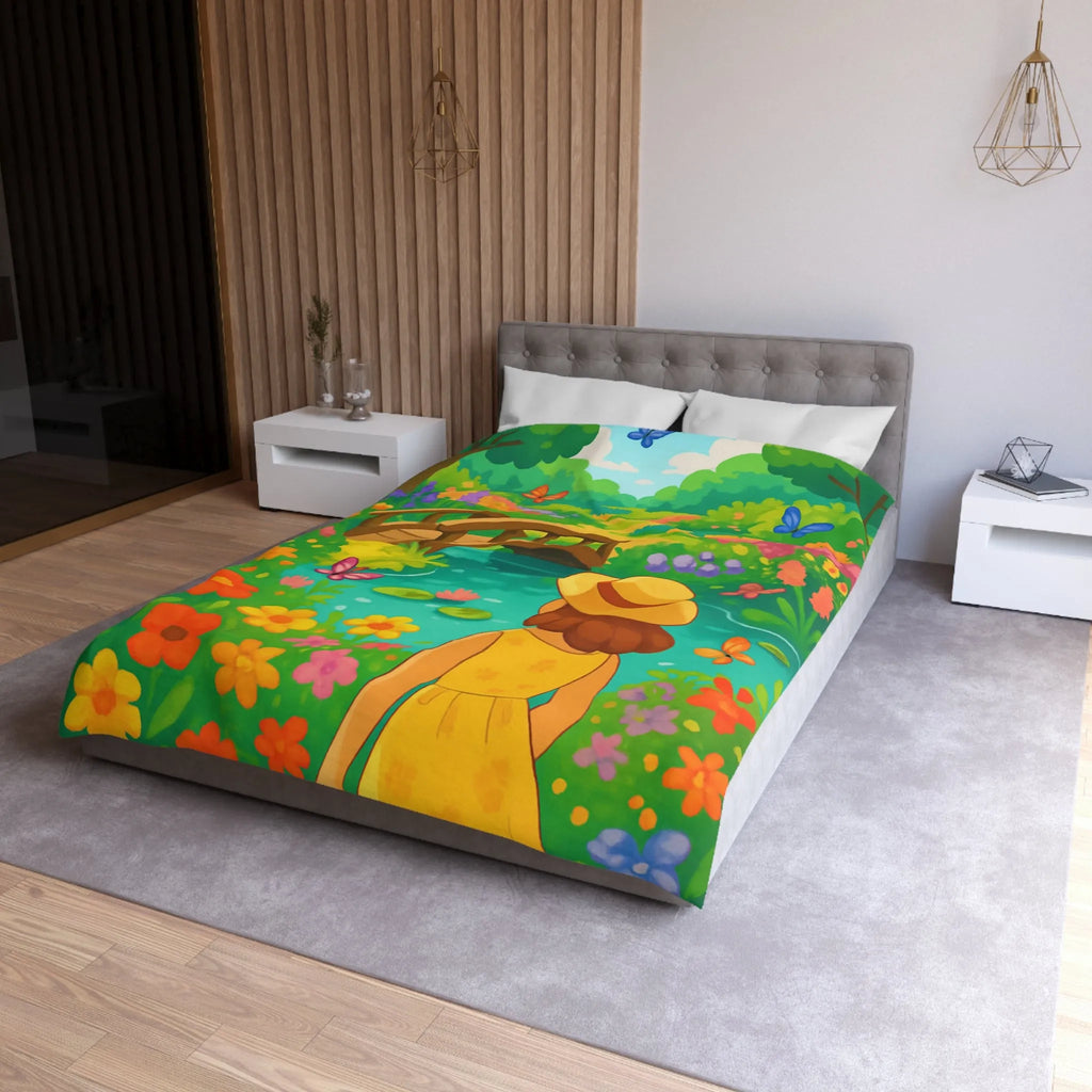 Housse de Couette Jardin Enchanté avec Pont et Papillons, Motif Vif et Coloré