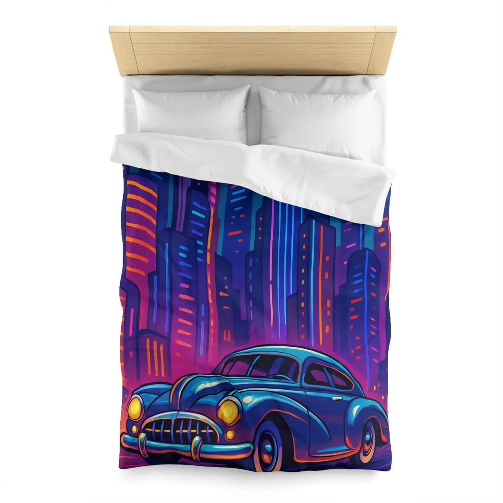 Housse de Couette Futuriste avec Voiture Vintage et Ville Lumineuse Style Néon