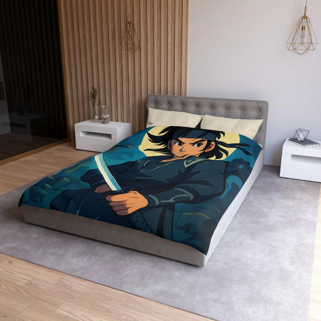 Housse de couette épique avec guerrier anime sous lune mystique et ruines anciennes
