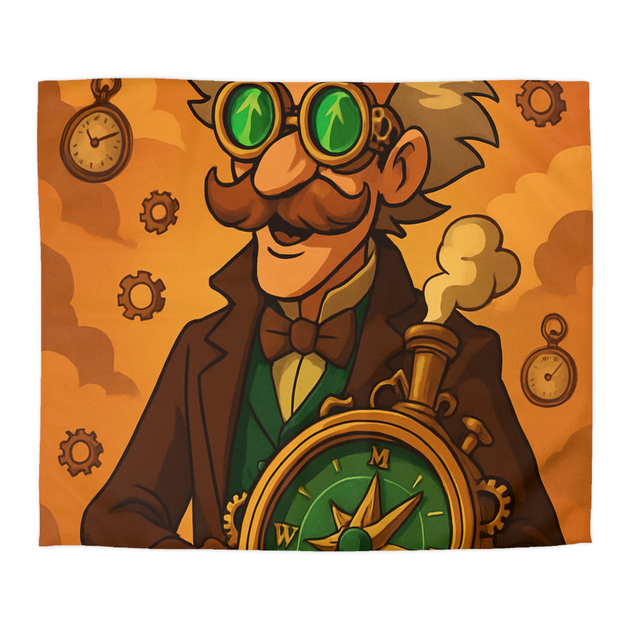 Housse de Couette Steampunk Vintage avec Boussole, Savant et Montgolfières sur Fond Sépia