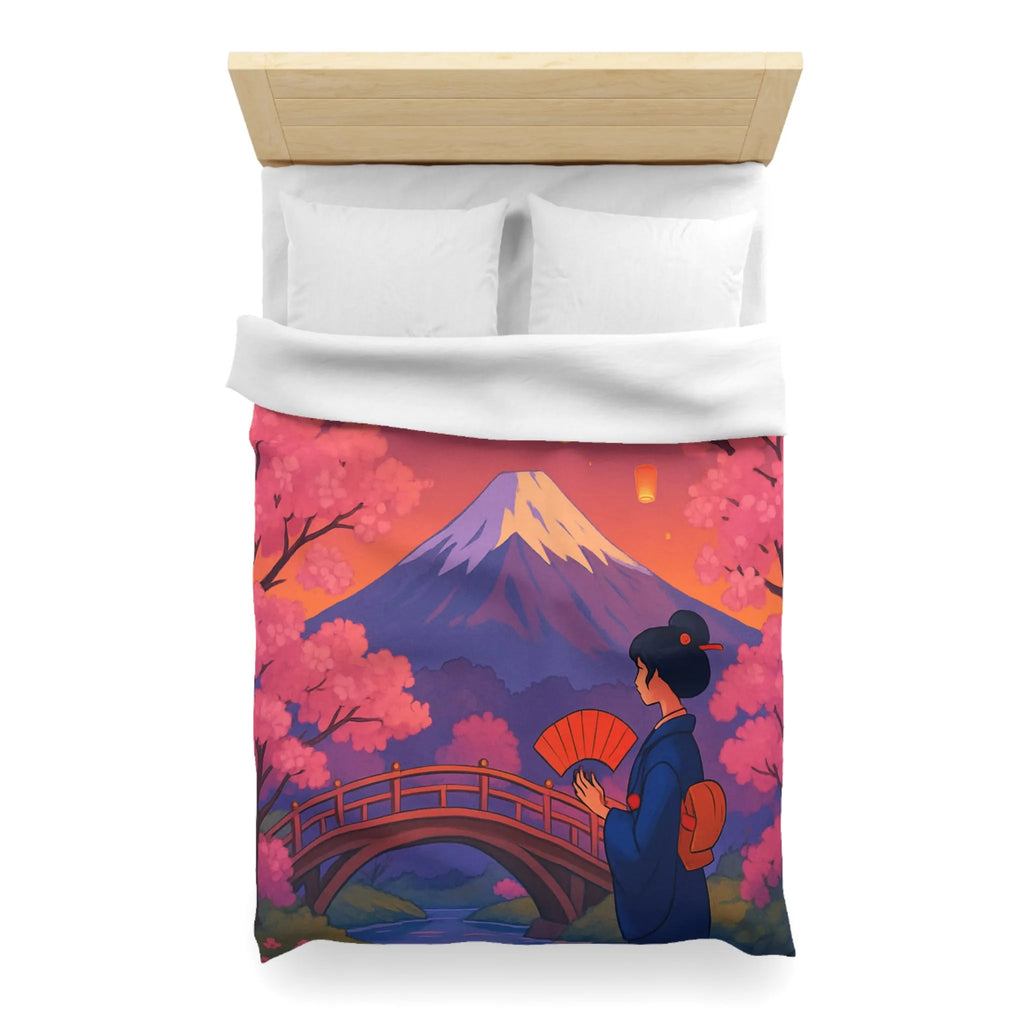 Housse de couette japonaise avec cerisiers, lanterne et vue sur le Mont Fuji