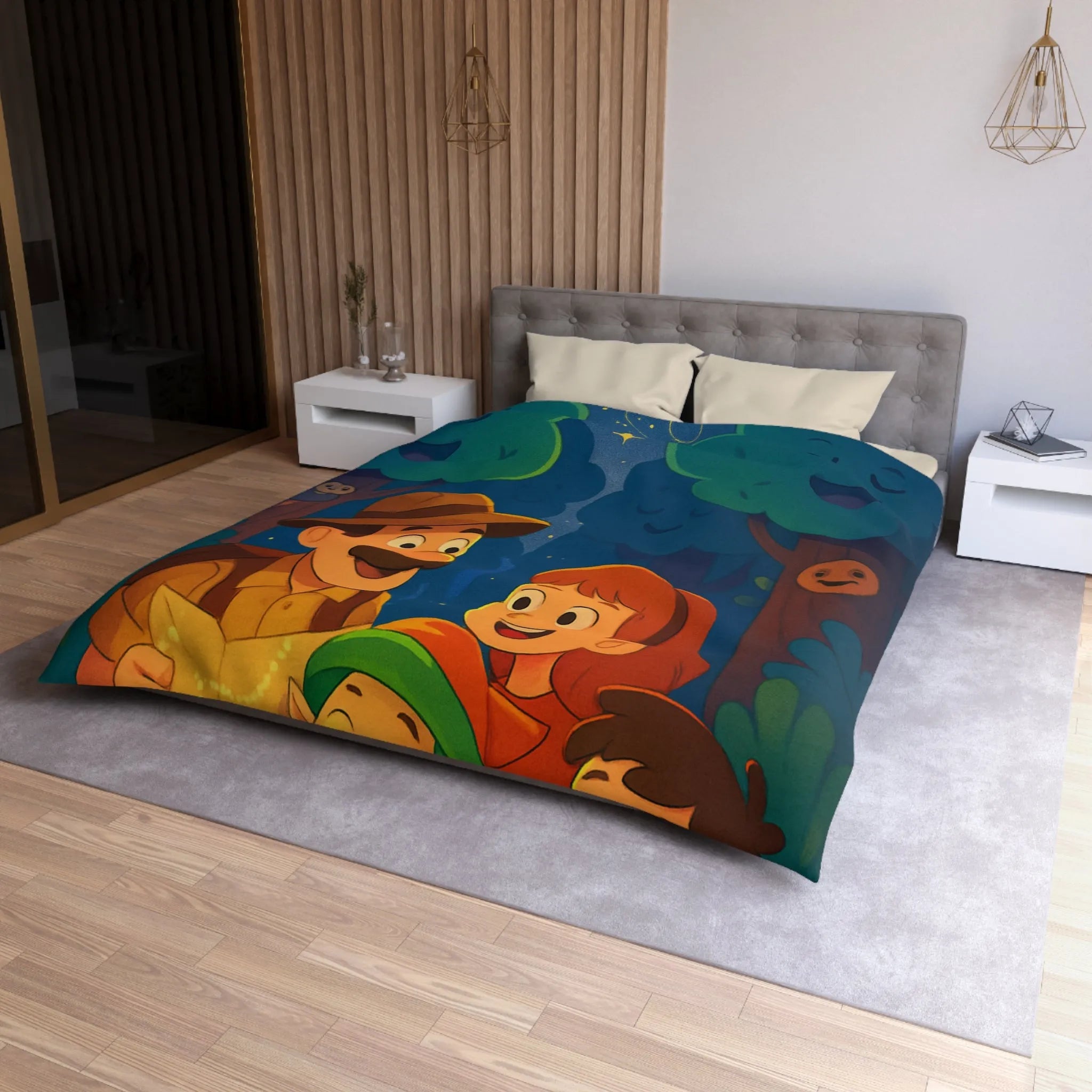 Housse de Couette Enfant Illustrée: Aventure Nocturne en Forêt avec Constellations Magiques