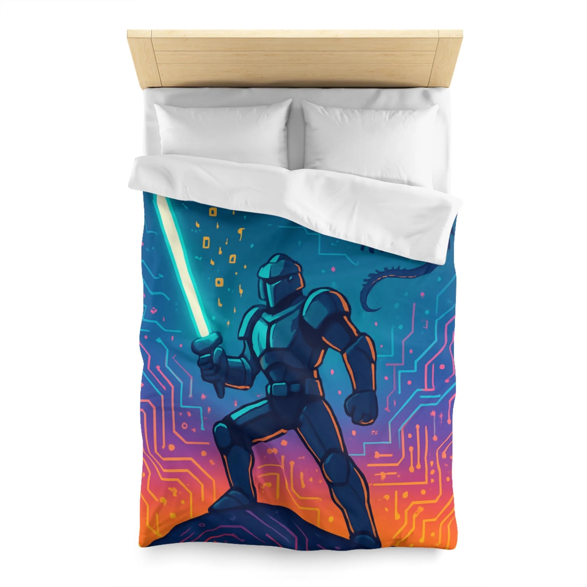 Housse de couette futuriste avec chevalier numérique et dragon volant coloré et épique