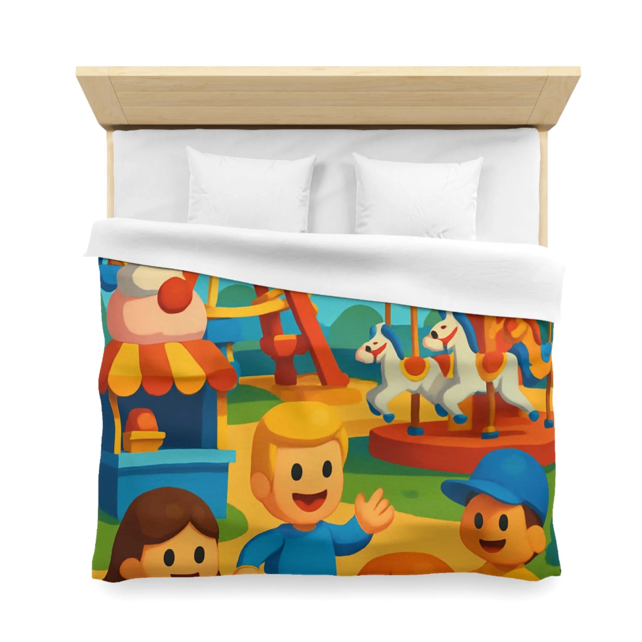Housse de couette joyeuse avec motifs de fête foraine colorée et enfants souriants