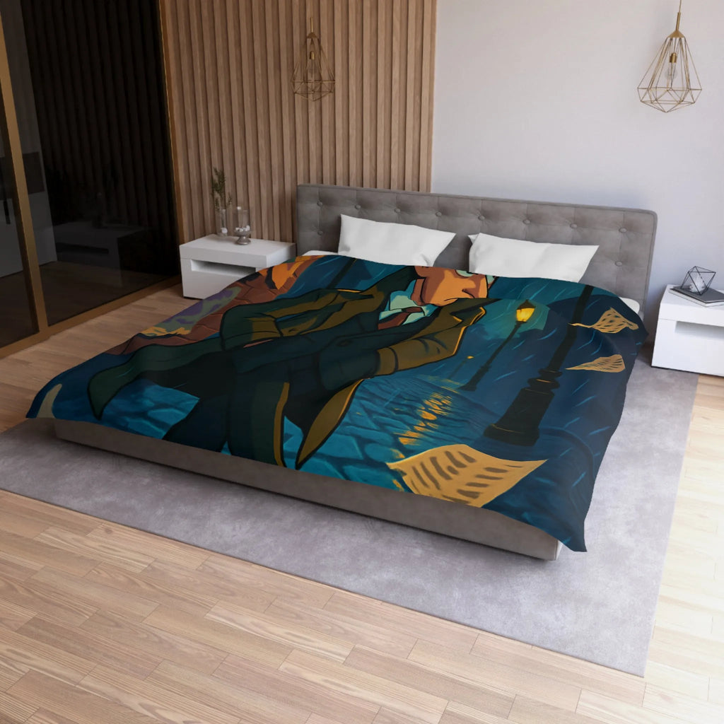 Housse de couette élégante avec détective mystérieux sous la pluie pour ambiance rétro