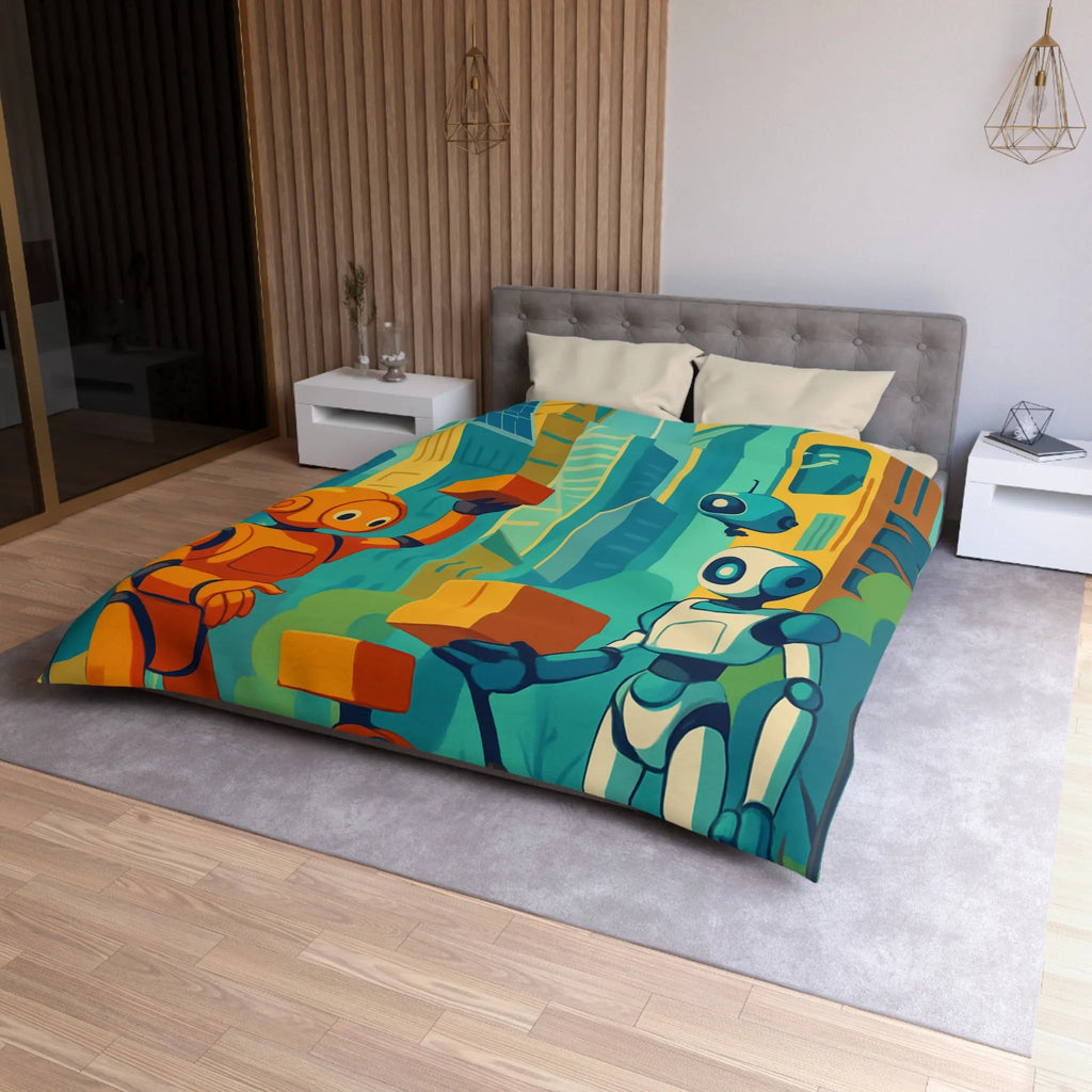 Housse de couette futuriste avec robots colorés dans une ville moderne lumineuse