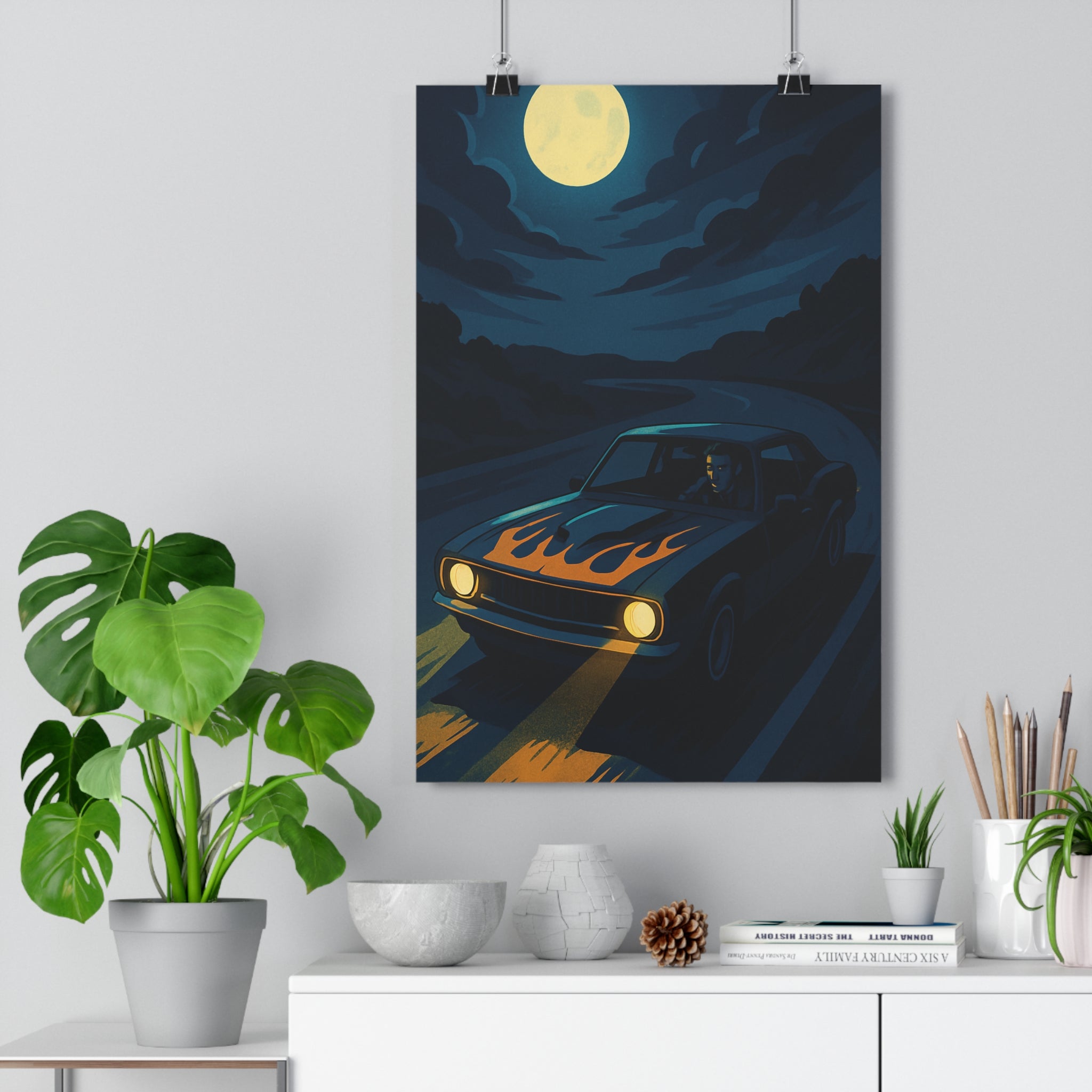 Poster décoratif vintage noir blanc orange nuit mystique salon bureau voiture flammes étoilé qualité