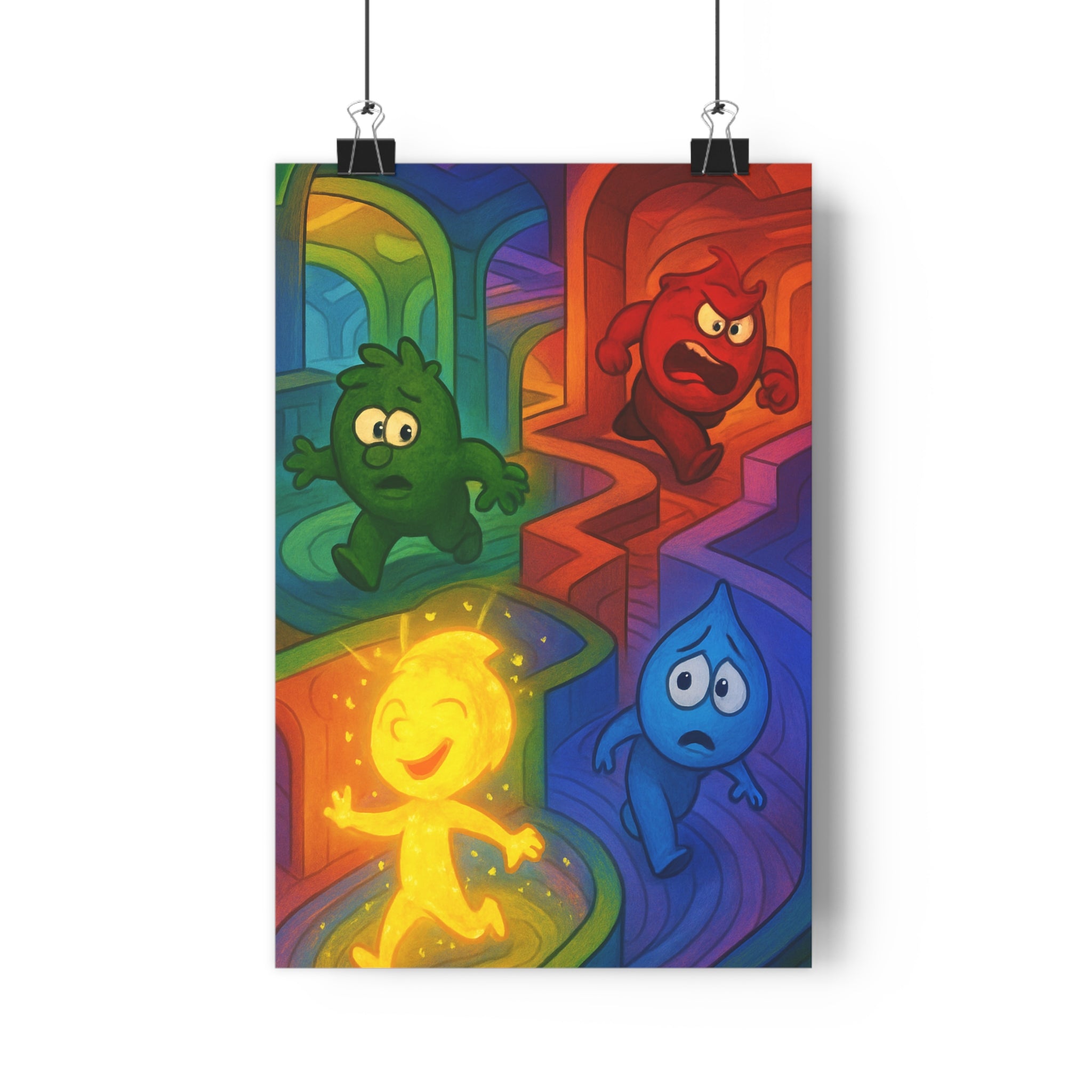 Poster décoratif fantaisie cartoon jaune rouge vert bleu joyeux chambre enfant salon vibrant émotion