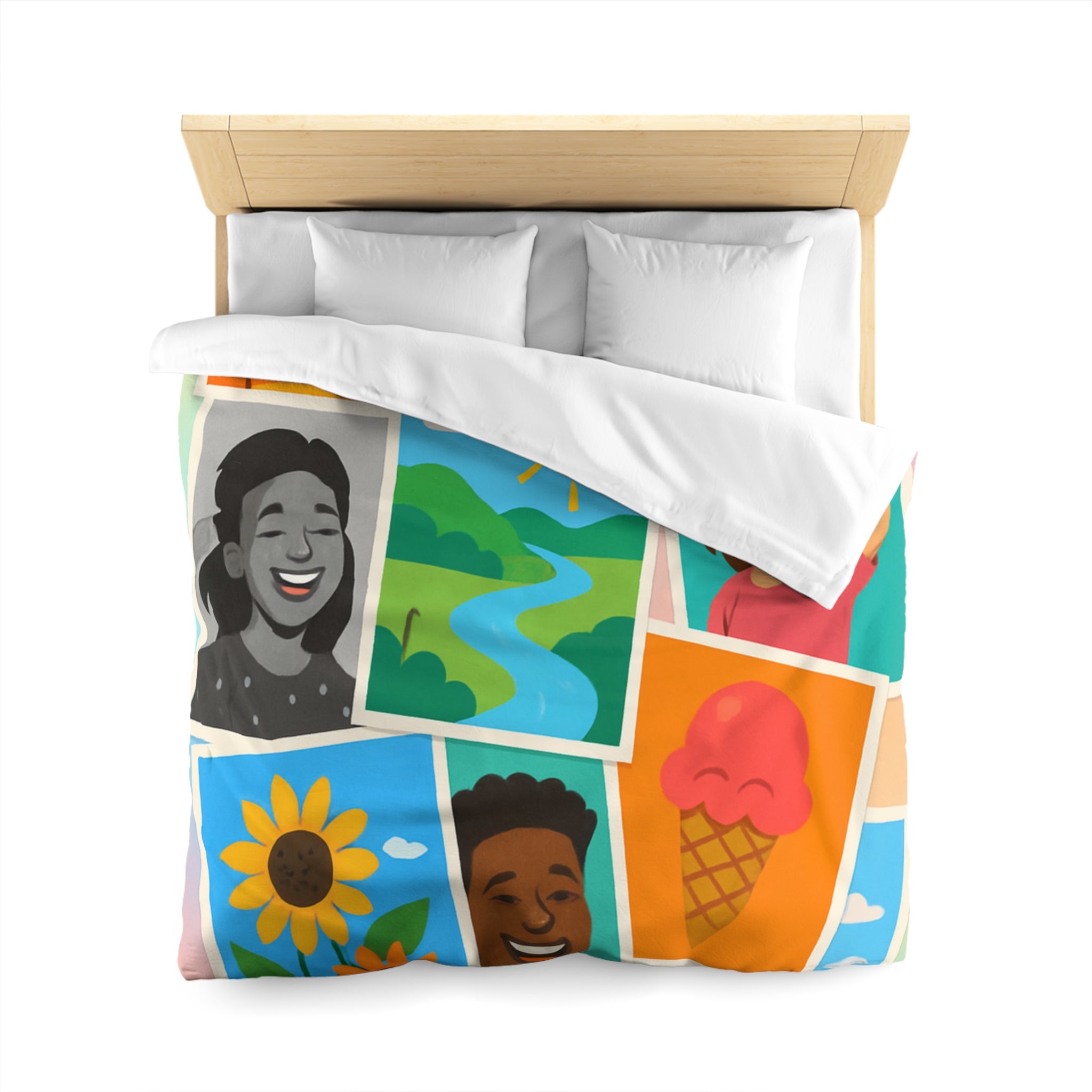 Vibrante housse de couette colorée avec portraits joyeux et paysages ensoleillés pour chambre