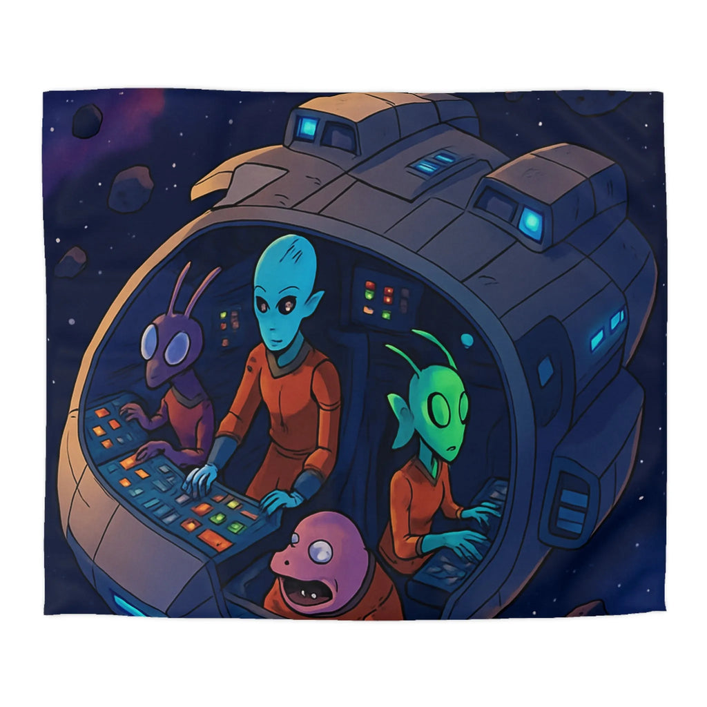 Housse de couette colorée avec extraterrestres dans un vaisseau spatial naviguant dans l'espace