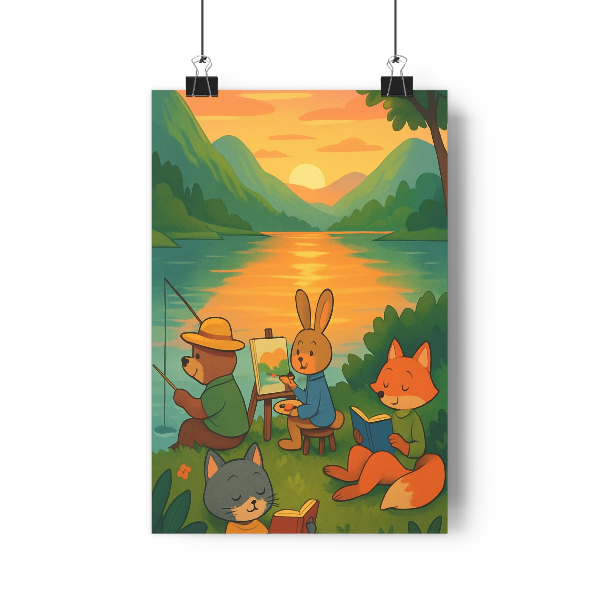 Poster décoratif paysage nature pastel coucher soleil animaux lecture calme salon chambre bureau qualité