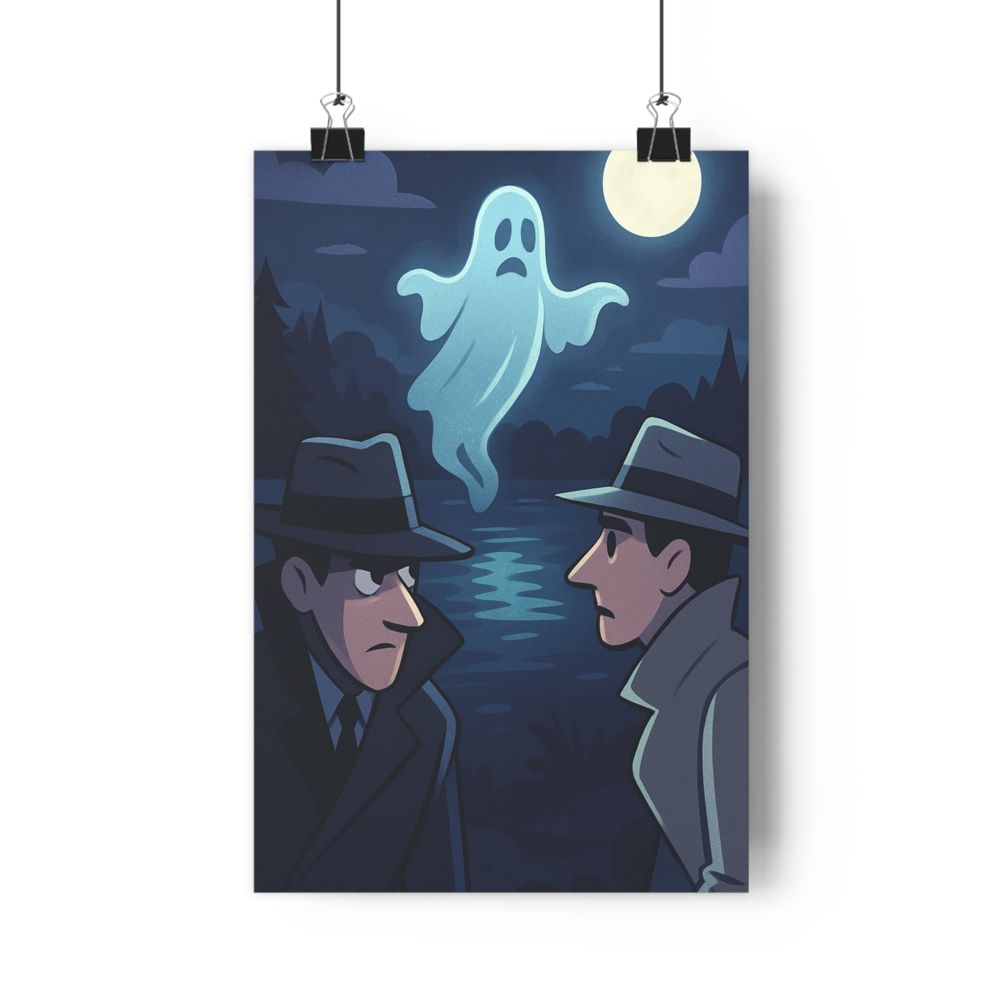 Poster décoratif bleu gris cartoon mystique chambre salon ambiance suspense sciencefiction personnages trenchcoats qualité