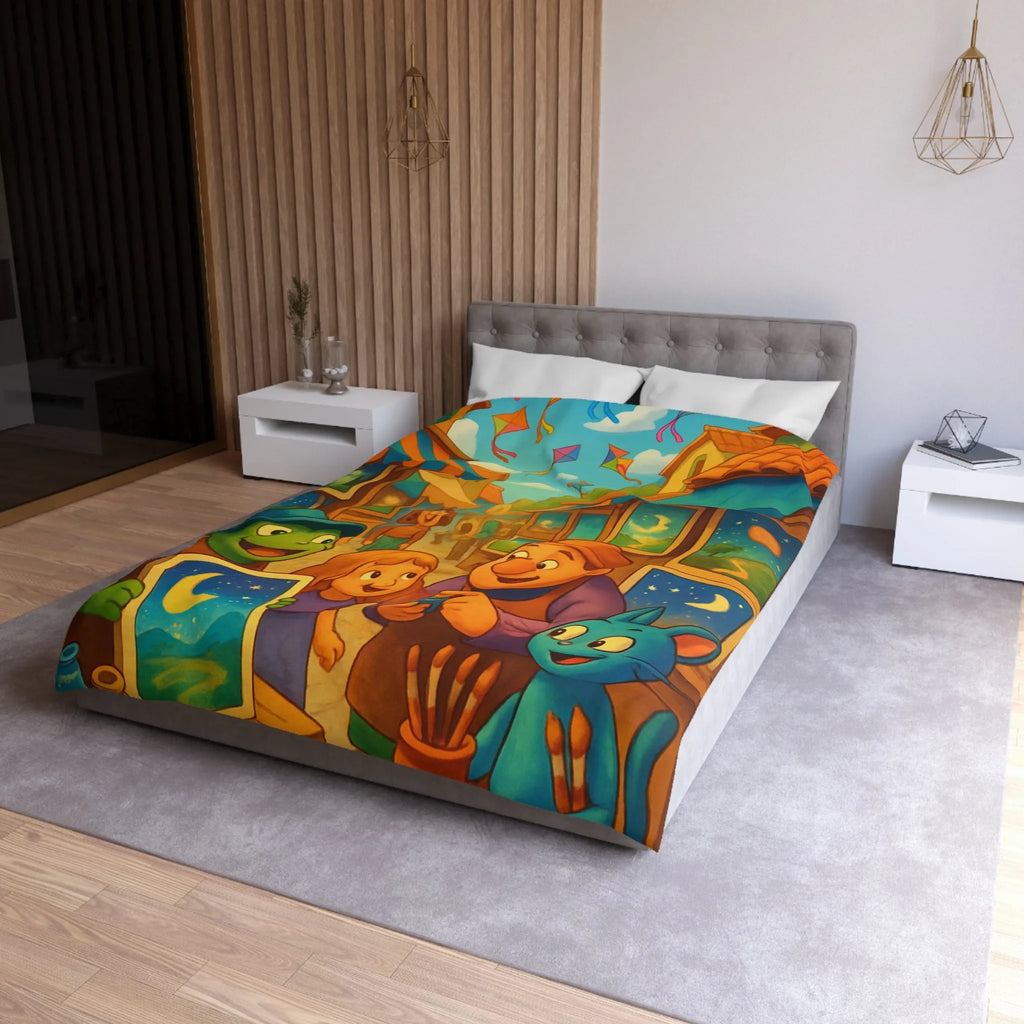 Housse de couette colorée avec scène joyeuse de marché et cerfs-volants artistiques