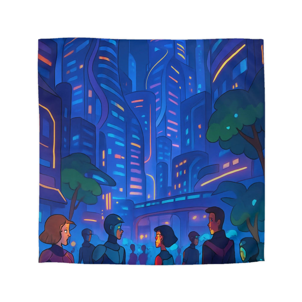 Housse de couette futuriste urbaine pour chambre moderne avec gratte-ciels illuminés la nuit