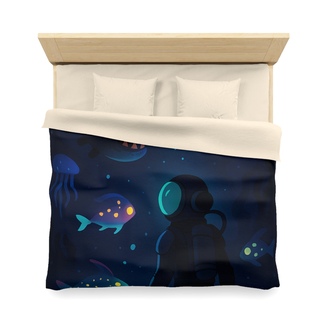 Housse de couette océanique avec plongeur et créatures marines lumineuses mystérieuses