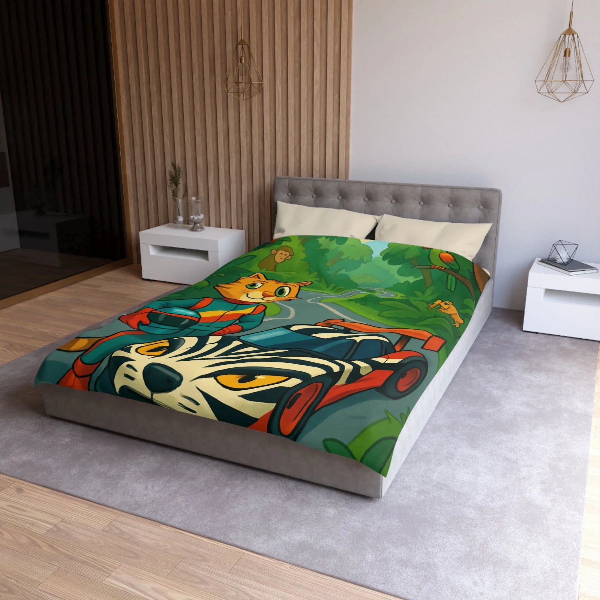 Housse de couette illustrée avec pilote chat, voiture zébrée et jungle luxuriante