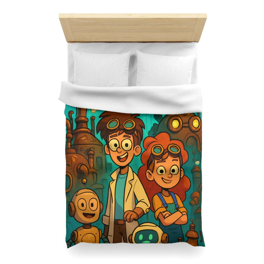 Exploration robotique en atelier steampunk coloré avec jeunes inventeurs et machines futuristes